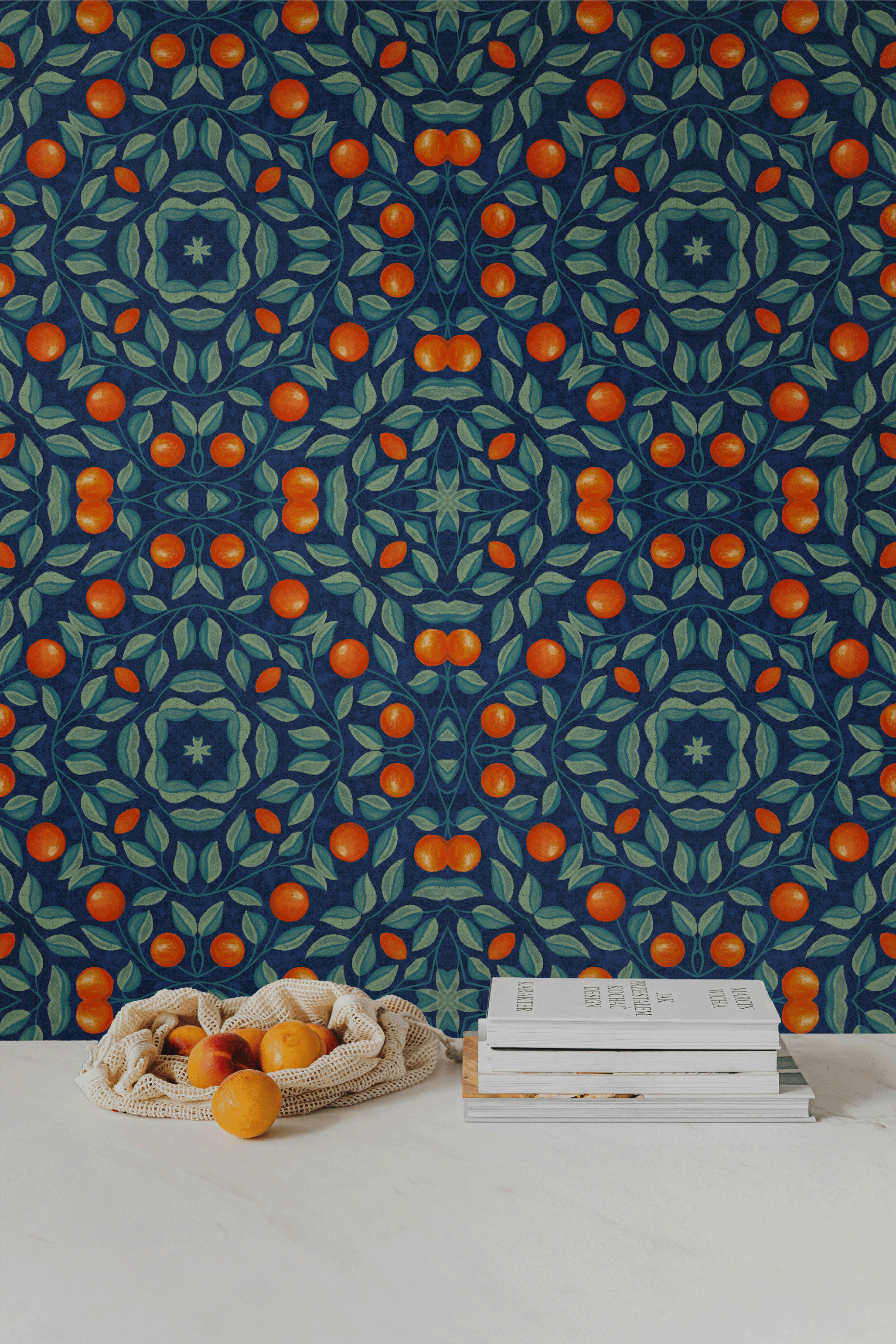 A vibrant Mediterranean-inspired pattern evokes traditional citrus groves and hand-painted ceramic tiles from southern Europe. A cheerful yet classic pattern ideal for kitchens and coastal or Mediterranean-style interiors.