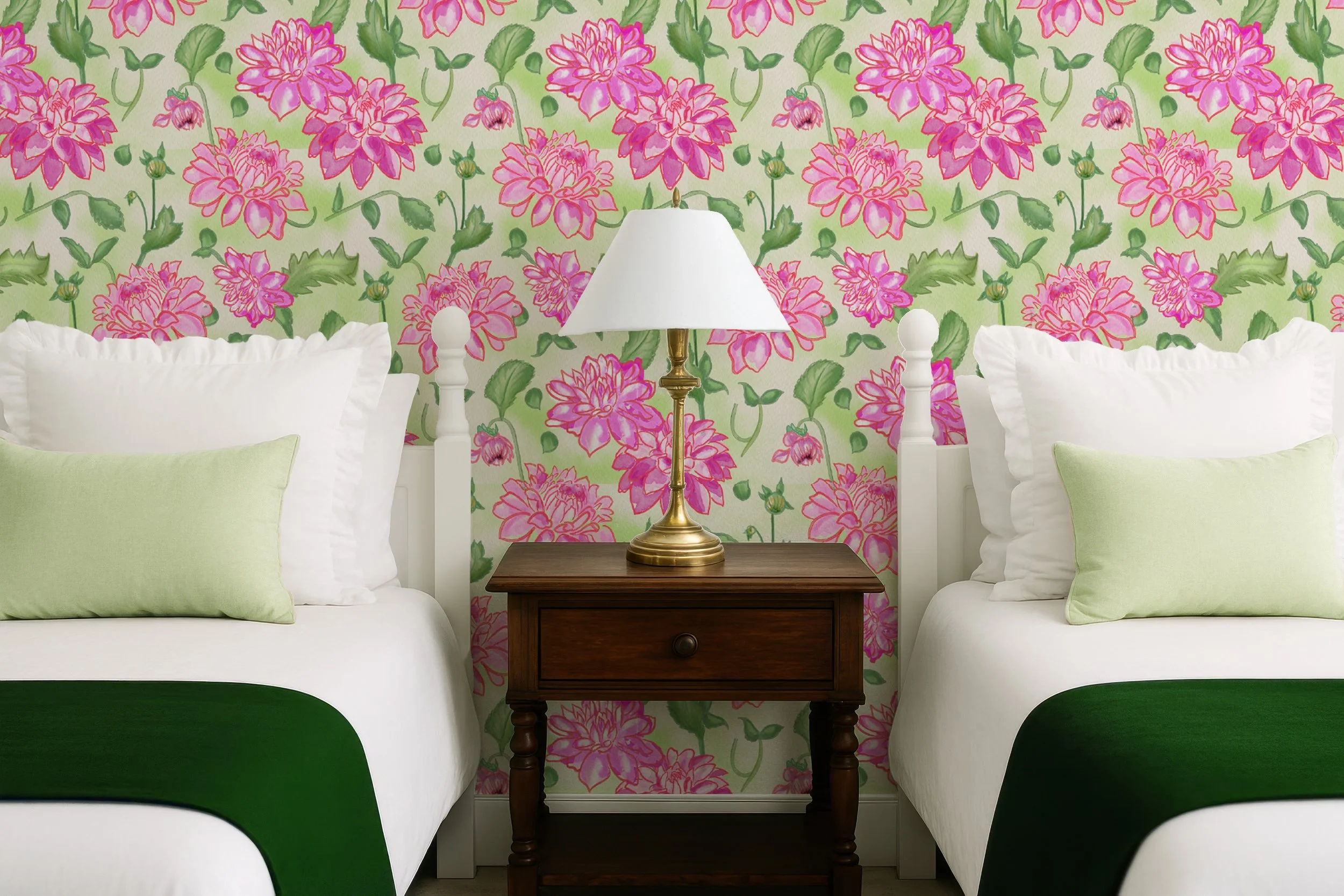 A fresh, romantic floral pattern featuring loose watercolors. Airy and modern while still capturing a timeless garden charm. Perfect for statement walls, feminine interiors, coquette spaces, or light, cheerful décor.