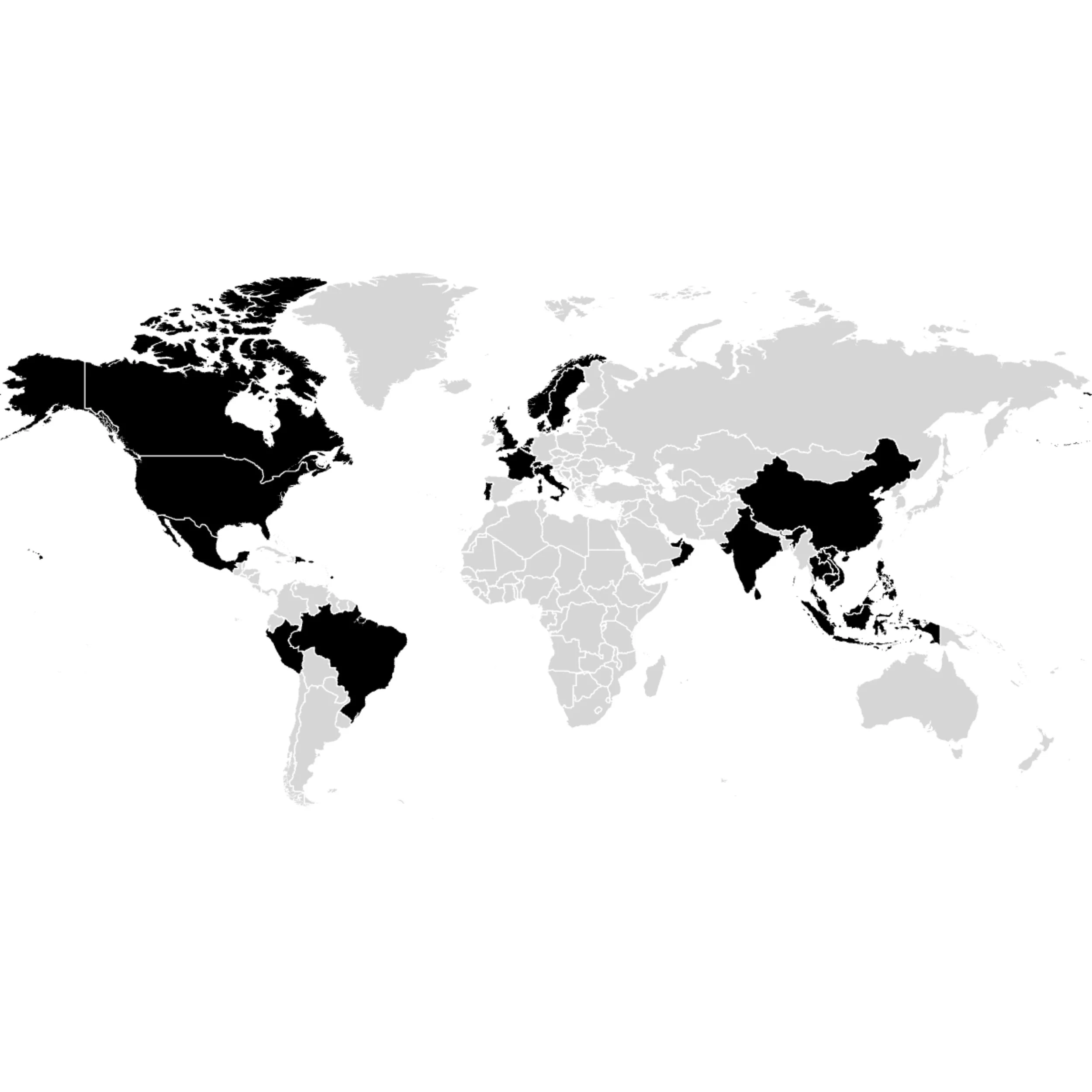 A grayscale world map with countries shaded in black representing regions of the world that have inspired the work of The Coelho Collective creative studio.