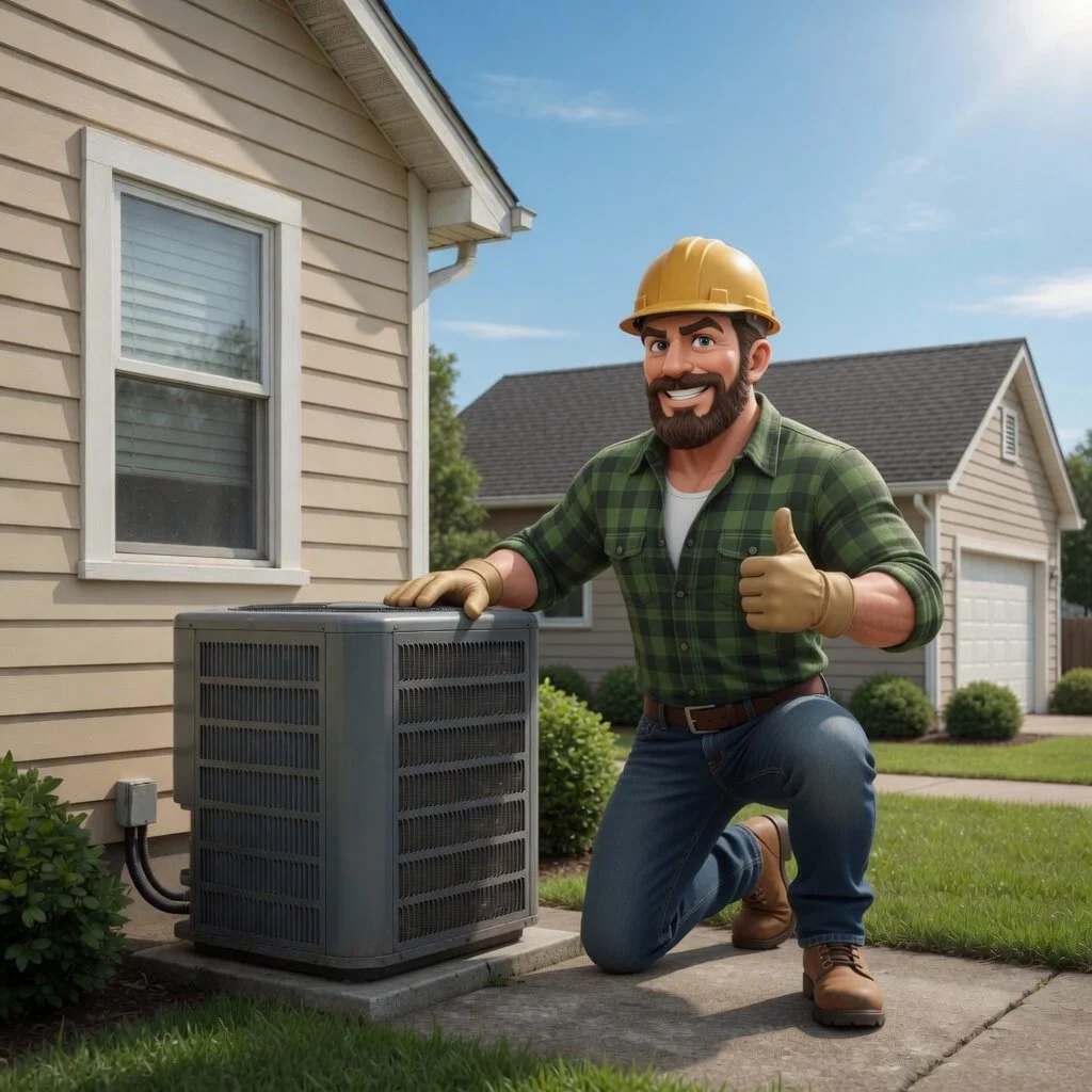 A cartoon-style handyman wearing a yellow hard hat, green plaid shirt, and gloves kneeling next to an air conditioning unit outside a house, giving a thumbs up.