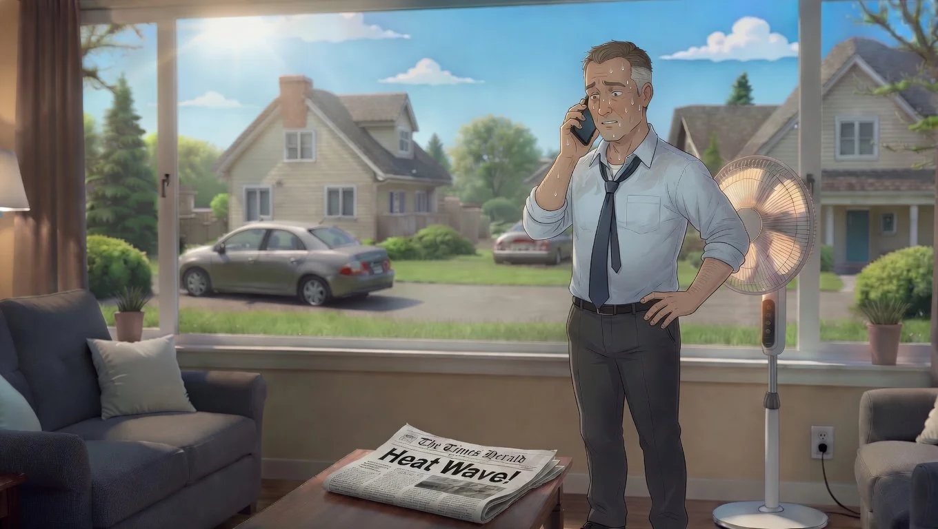 An animated illustration shows a middle-aged man with gray hair sweating, talking on the phone inside a living room with large windows. Outside, it is sunny with blue skies and a few clouds, and a neighborhood with houses and cars is visible. A fan blows air and a newspaper titled 'Heat Wave!' is placed on the coffee table.