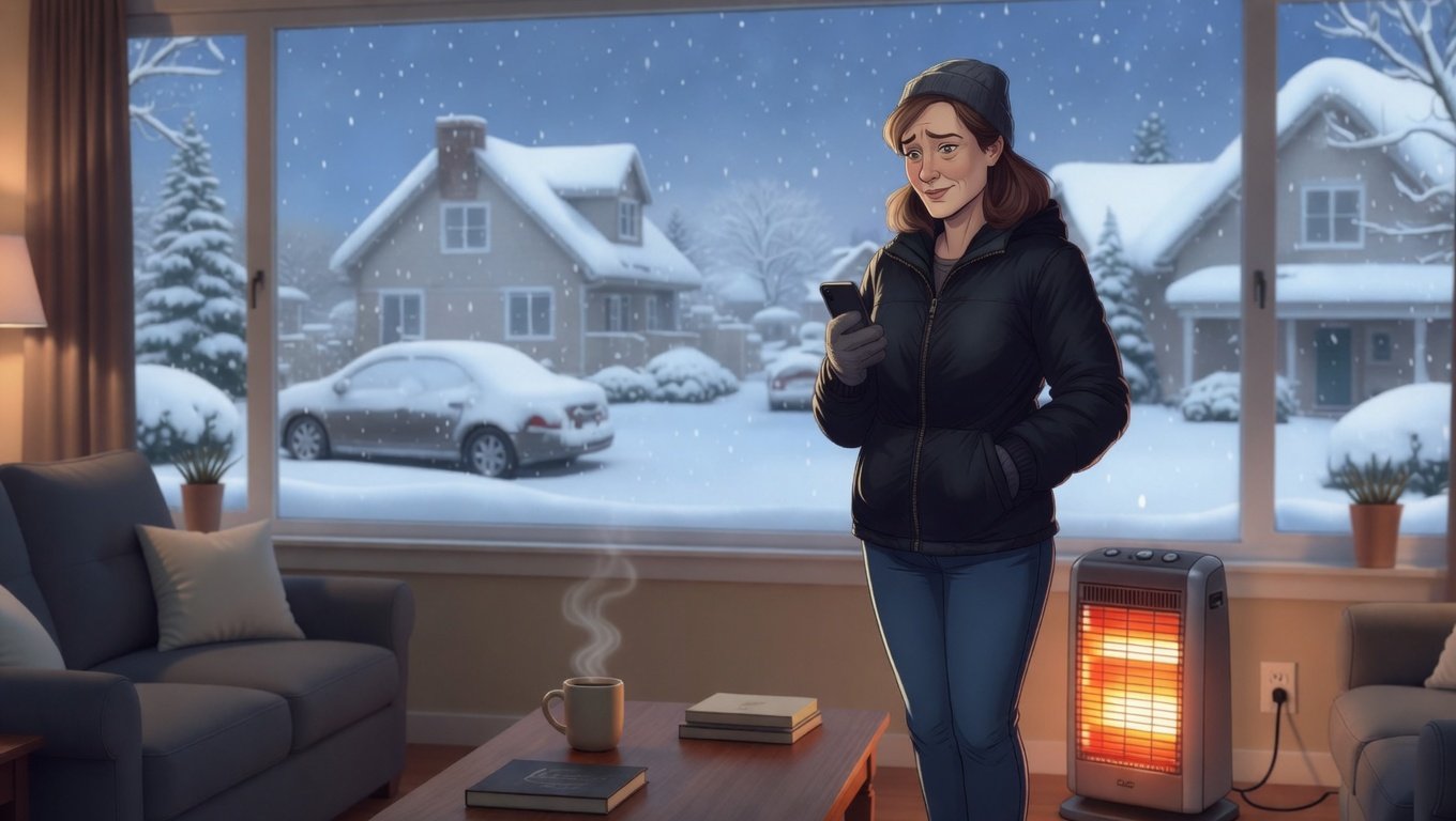 A woman with brown hair, wearing a black jacket and beanie, stands inside a cozy living room, looking at her phone with a slight smile. The room has a fireplace and a steaming mug on a coffee table. Outside the window, there is a snowy winter scene with snow-covered houses, cars, and trees.