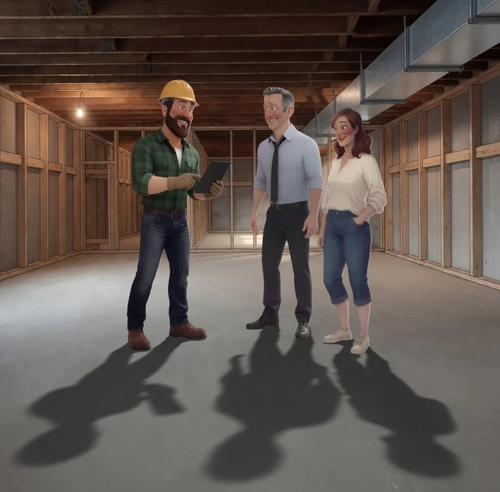 Three people, a man with a construction helmet, another man in business attire, and a woman, stand inside an unfinished building with exposed wooden studs and a concrete floor, looking at a tablet.