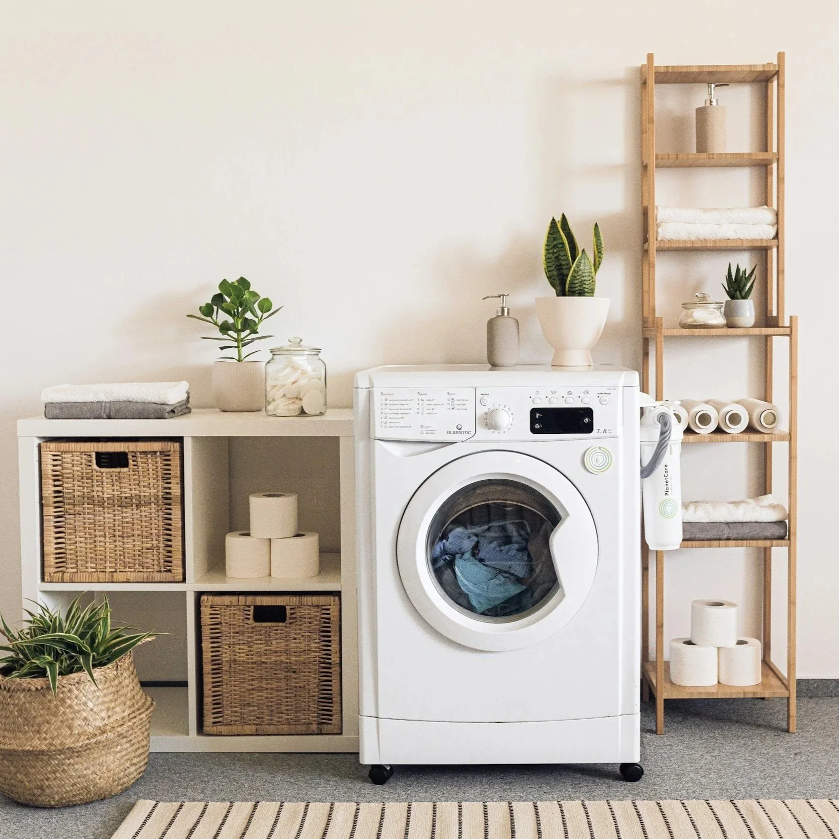 Laundry area with a white washing machine, plants, towels, and storage baskets on a shelf, with a woven basket on the floor and toilet paper rolls.