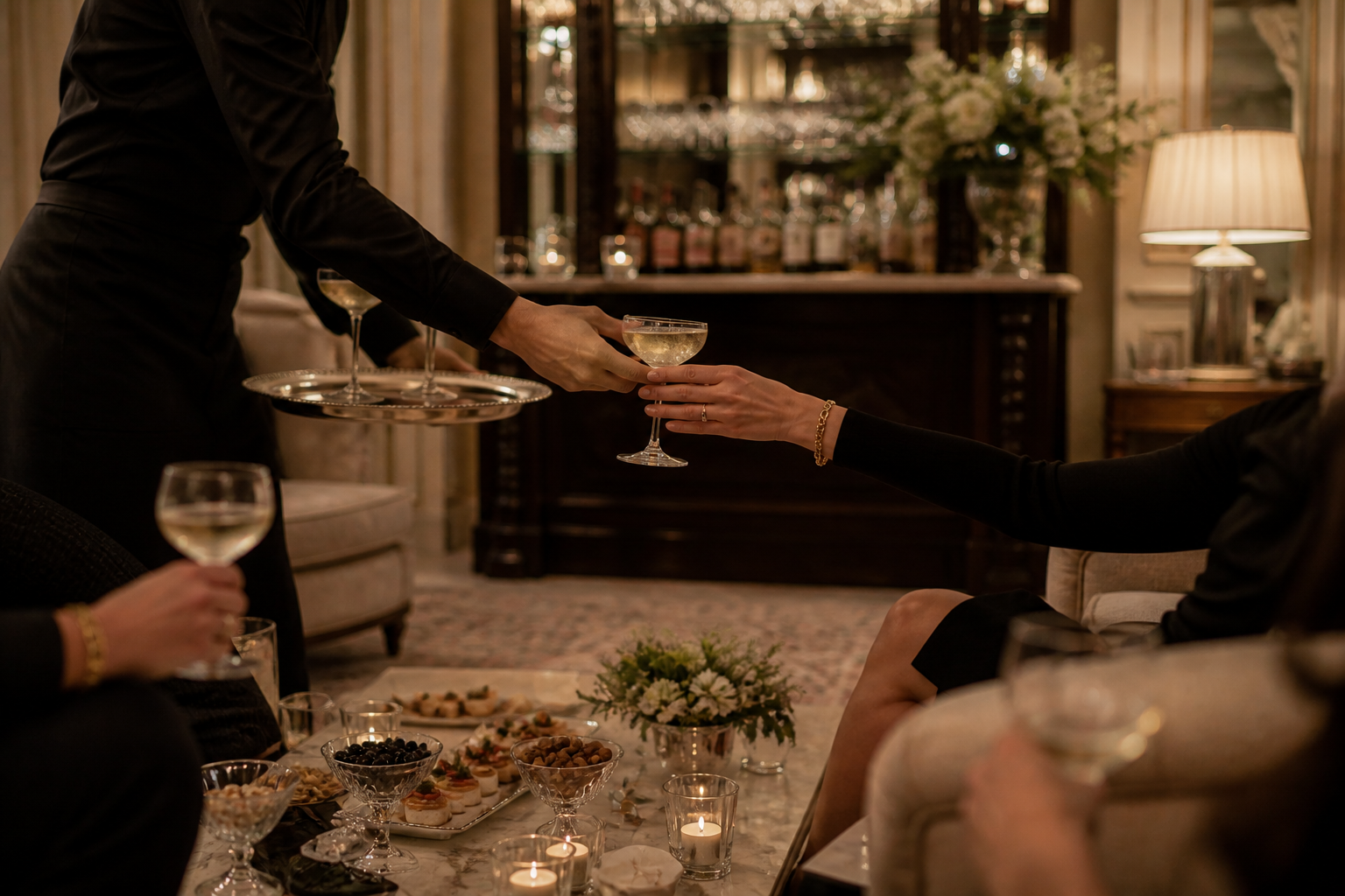Discreet waitress serving drinks at a private home event in London