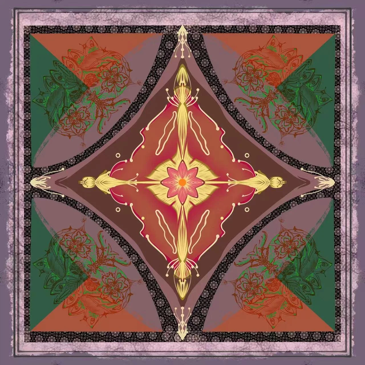 A symmetrical, intricate geometric pattern with floral and butterfly motifs in shades of pink, green, yellow, and brown, framed by a textured purple border.