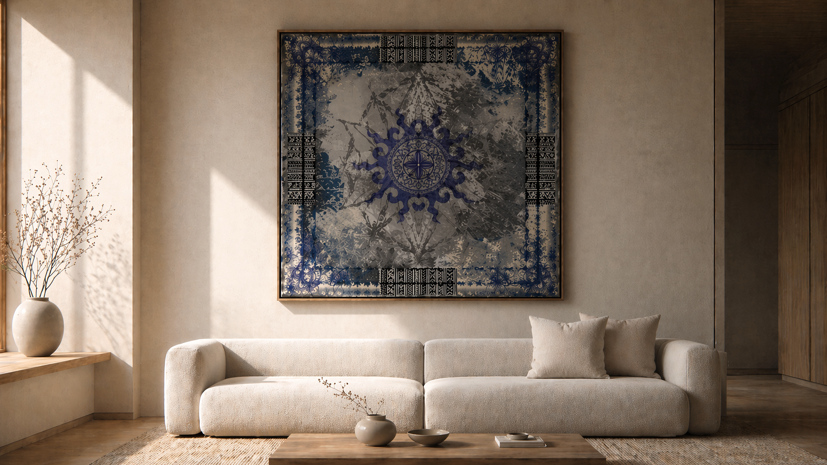 A modern living room with a beige sofa and pillows, a wooden coffee table with vases, a wall art piece with blue and gray patterns, and a window with sunlight and a vase with dried branches.