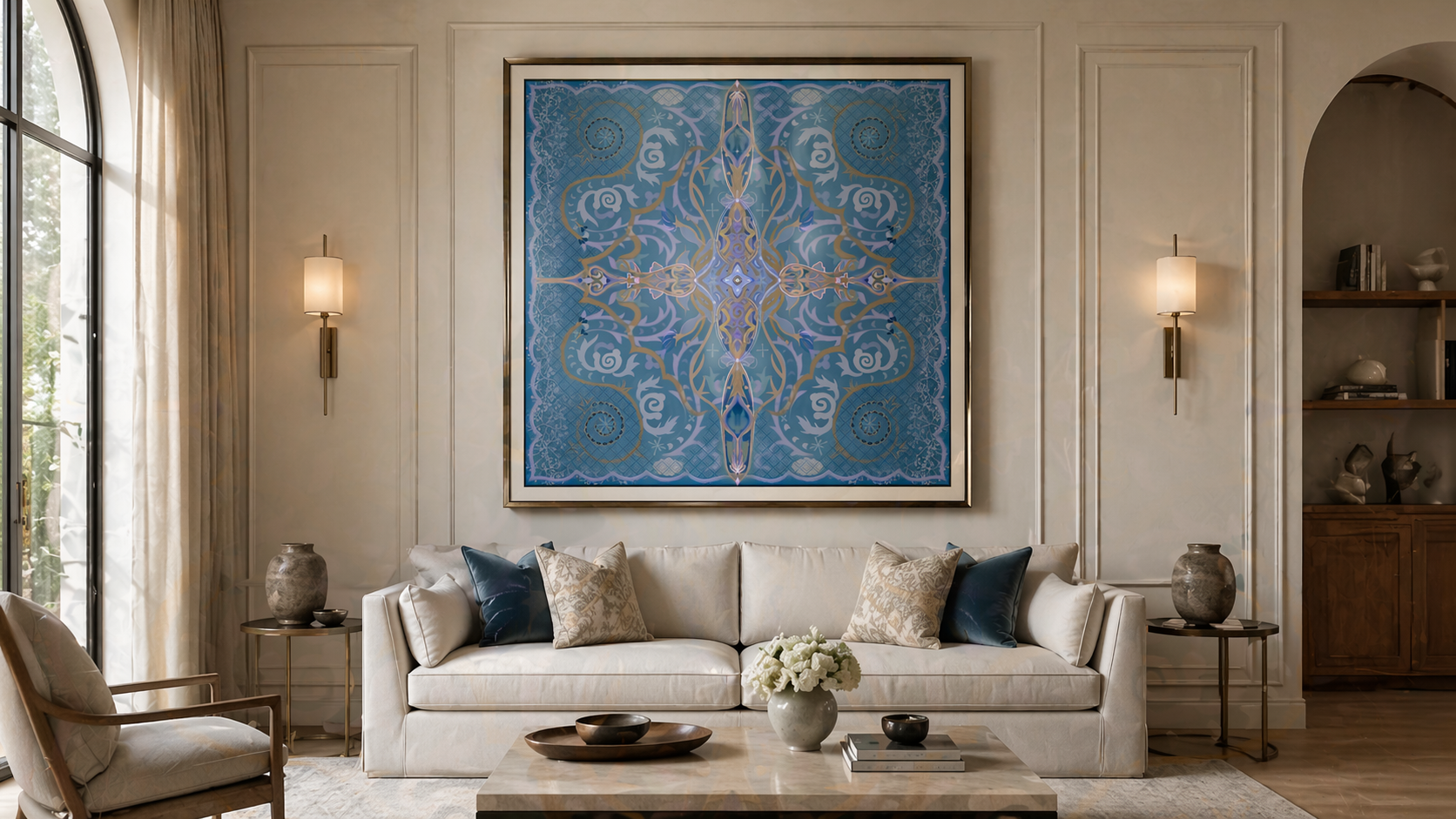 Elegant living room with a white sofa, decorative pillows, and a marble coffee table. Large blue abstract artwork on the wall, flanked by wall-mounted lamps. Window with curtains to the left and a wooden shelf with decorative objects on the right.