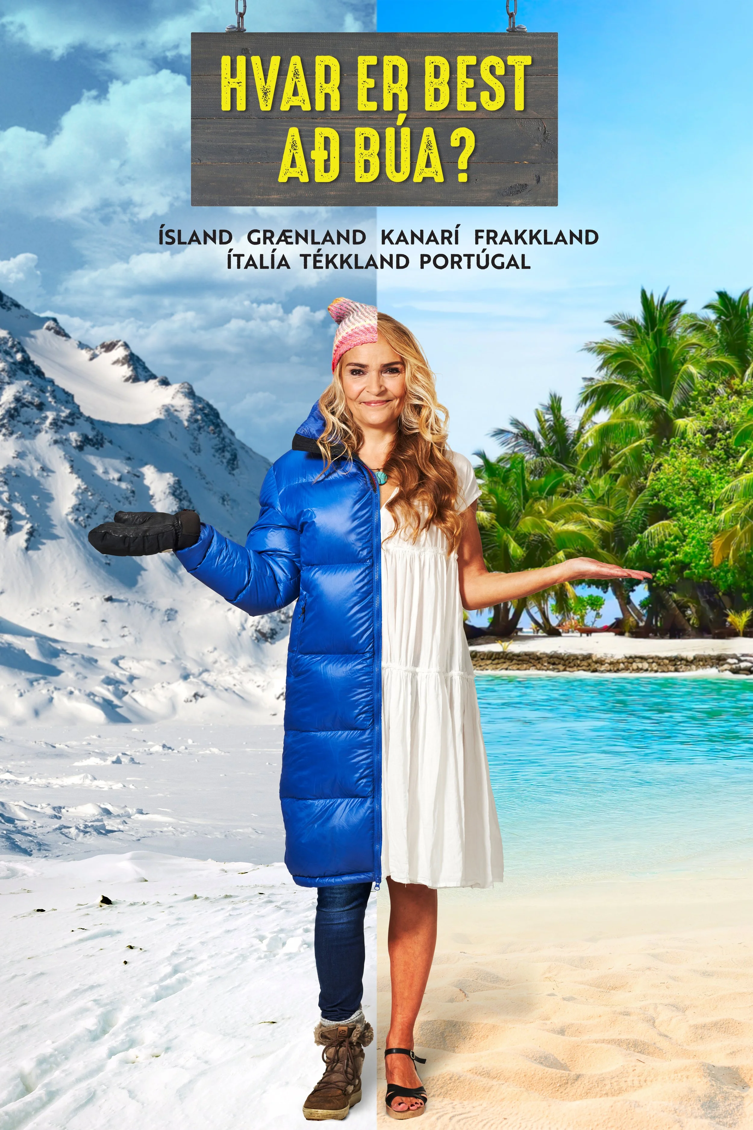 A person standing on a split image, with one half showing a snowy mountain landscape and the other half a tropical beach with palm trees and blue water, wearing different clothing suited for each environment.