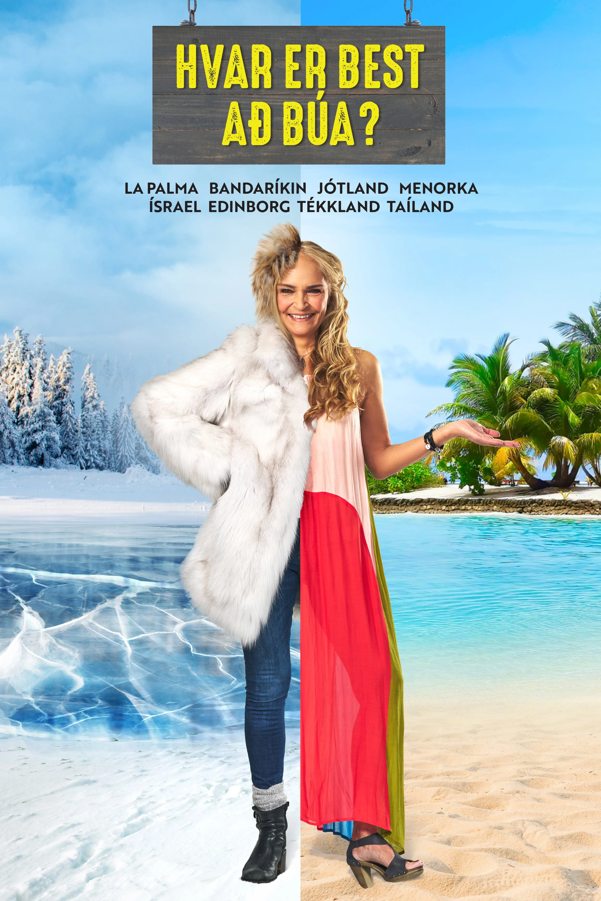 A woman standing between a snowy winter landscape with ice and a tropical beach with palm trees, wearing a fur coat on one side and a colorful dress on the other.