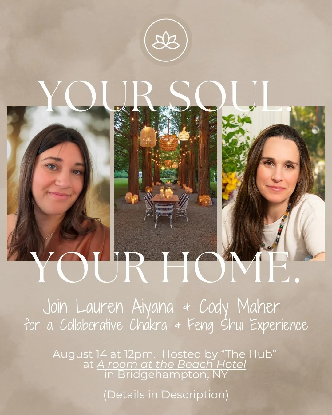 Your Soul. Your Home. A collaborative class taught by Lauren Aiyana @thelightthread and Cody Maher @spacewithcody August 14 @ 12pm at @aroomatthebeach in partnership with @hub_hamptons  for their Revive day of rejuvenation and spirit wellness. (10am-