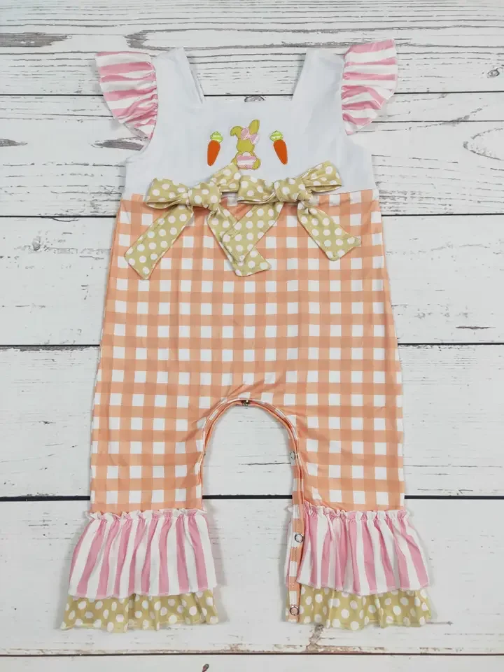 Carrot Rabbit Appliqué Girls Easter Romper