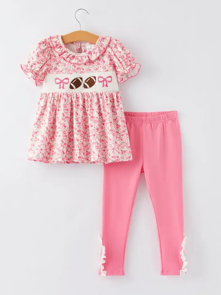 Football Smocking Bow Embroidered Girls Outfit Set