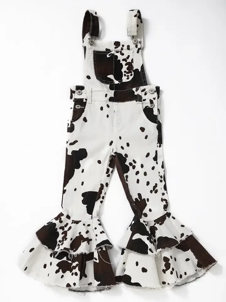 Girls Cow Print Denim Double Layer Overalls 3T