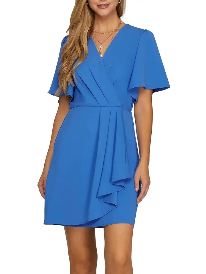 Short Sleeve Woven Ruffled Mini Wrap Dress