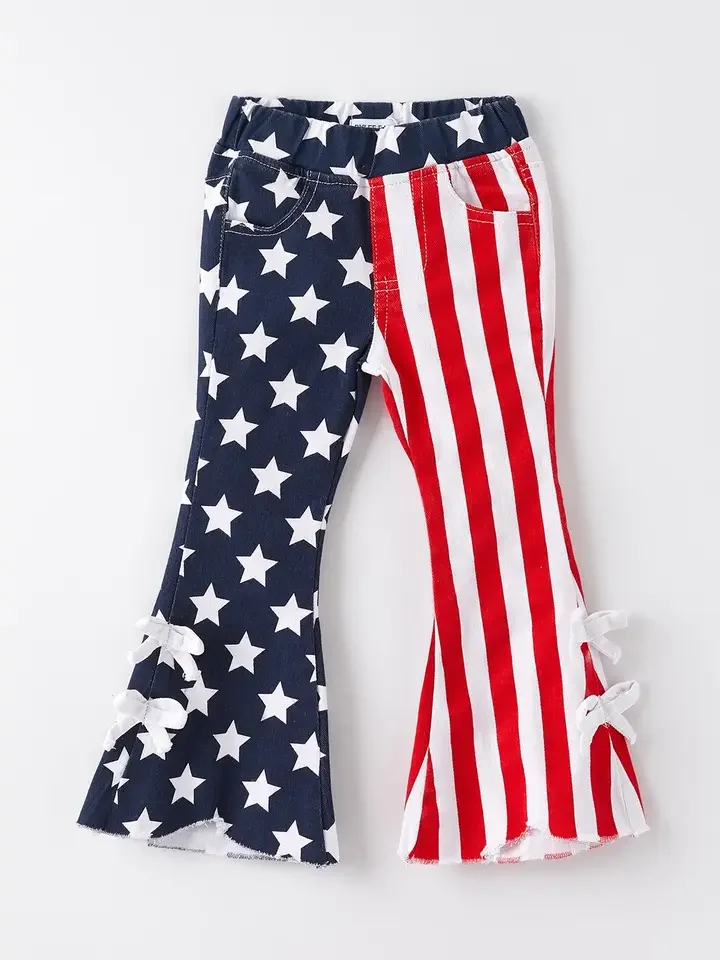 4th of July Patriotic Star Stripe Bow Flare Pants