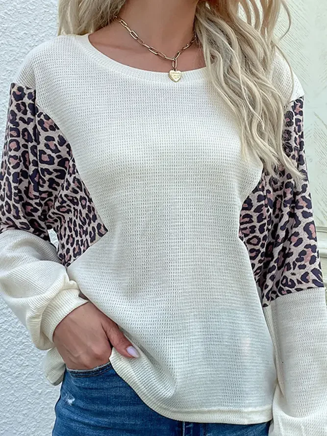 Crew Neck Leopard Print Patchwork Knitting Top