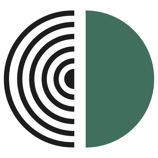 A black and green circular design with concentric semicircles on the left and a filled semicircle on the right.