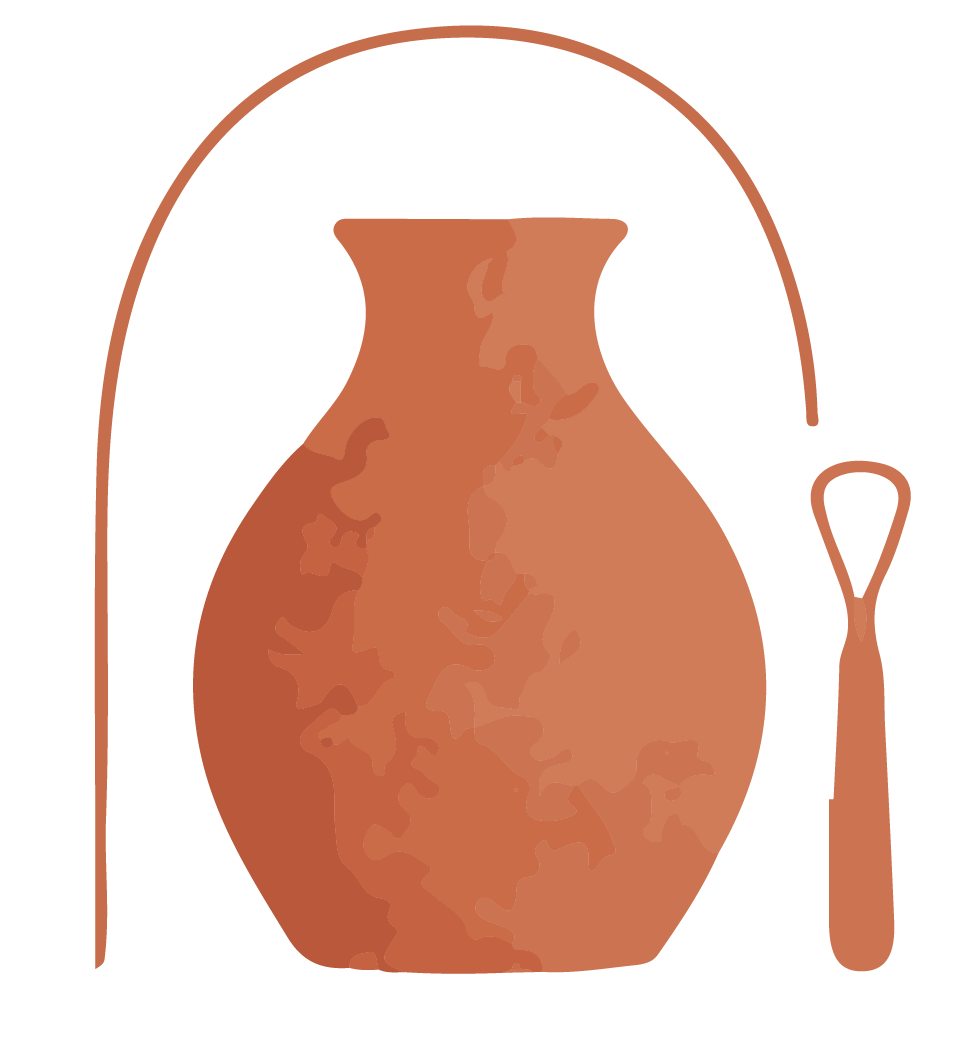 Drawing of a clay pot with a narrow neck and rounded body, along with a small wooden tool next to the pot.