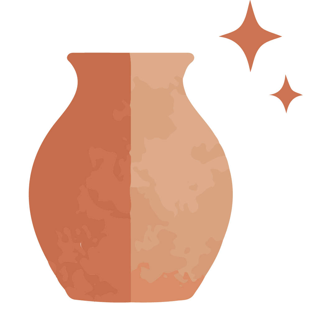 Illustration of a clay pottery vase with two sparkles near it, representing a finished, fired ceramic vase.