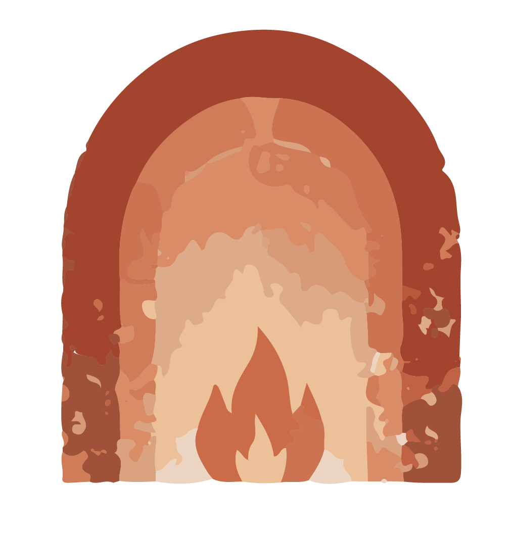 Digital illustration of a ceramic kiln with a fire burning, surrounded by a brick arch.