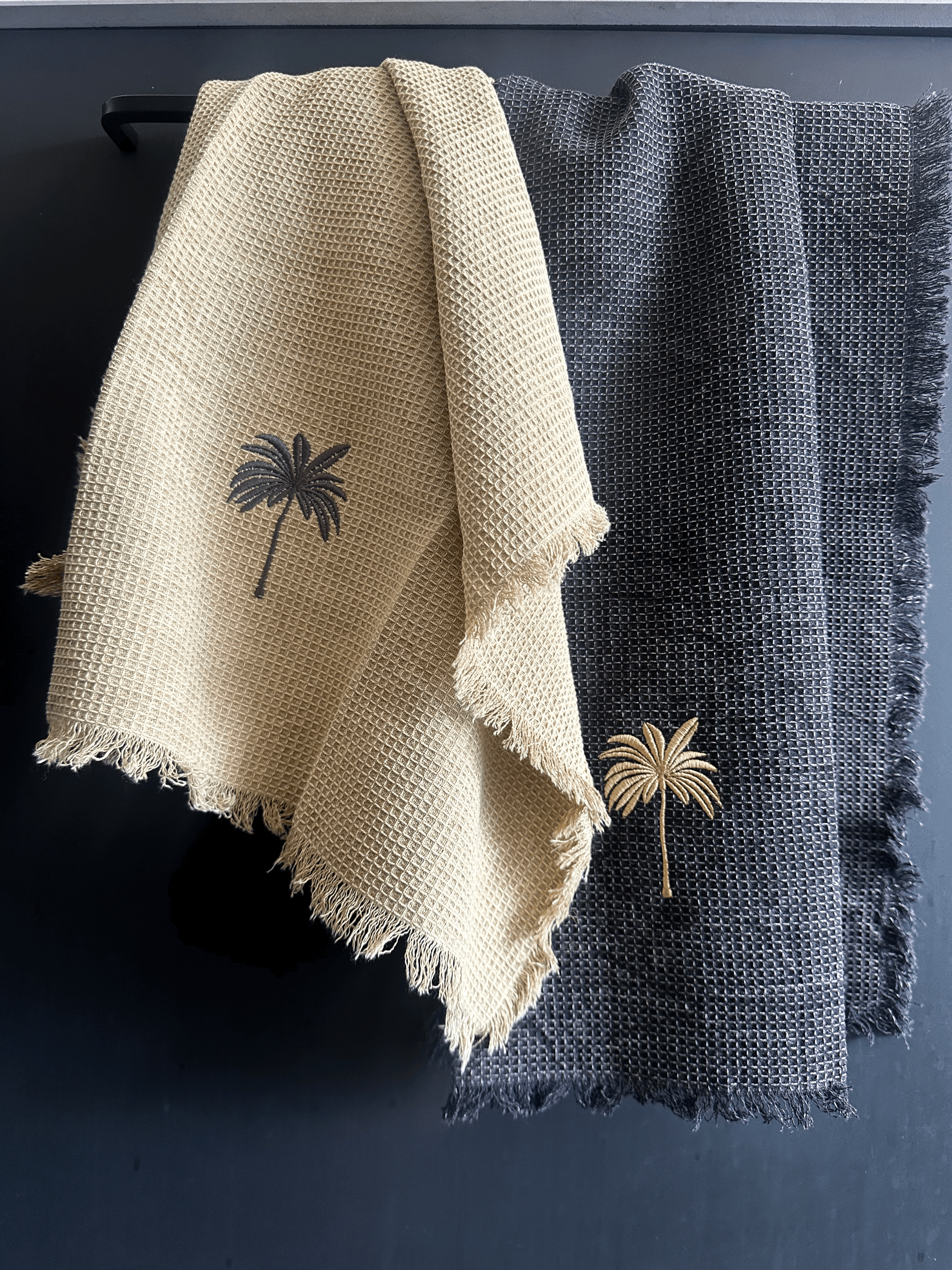 Frayed kitchen towel SET with embroidery
