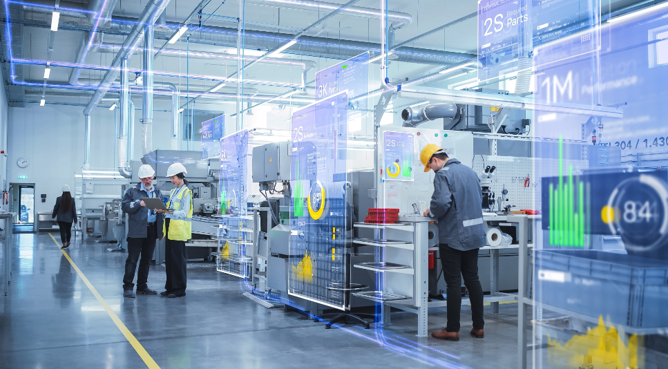 Ingénieurs dans une usine moderne avec écrans numériques montrant des données technologiques et des graphiques.