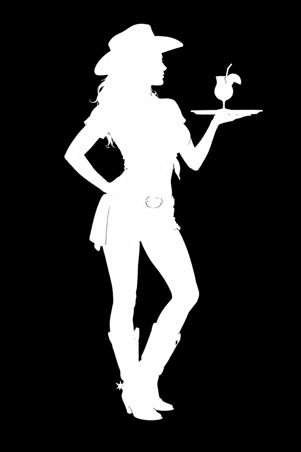 Silhouette of a woman wearing a cowboy hat, holding a tray with a cocktail drink that has a straw and lemon slice, against a black background.