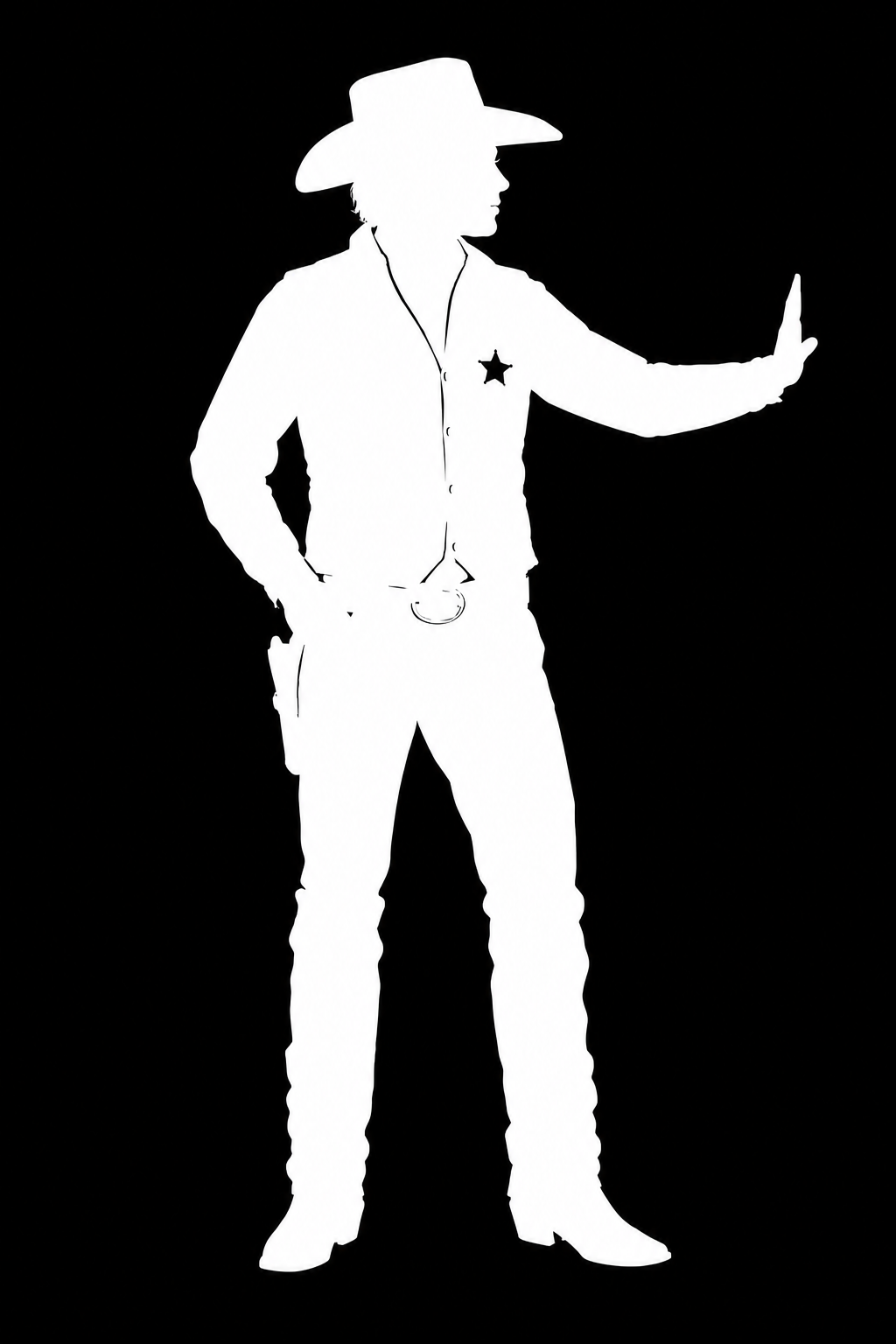 Silhouette of a cowboy with a hat, shirt, and pants, standing with one hand on his hip and the other extended with the palm facing out, against a black background.
