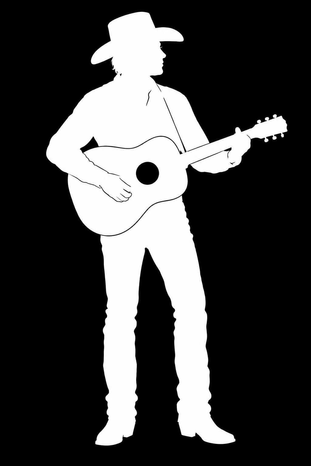 Silhouette of a person wearing a cowboy hat playing an acoustic guitar, against a black background.