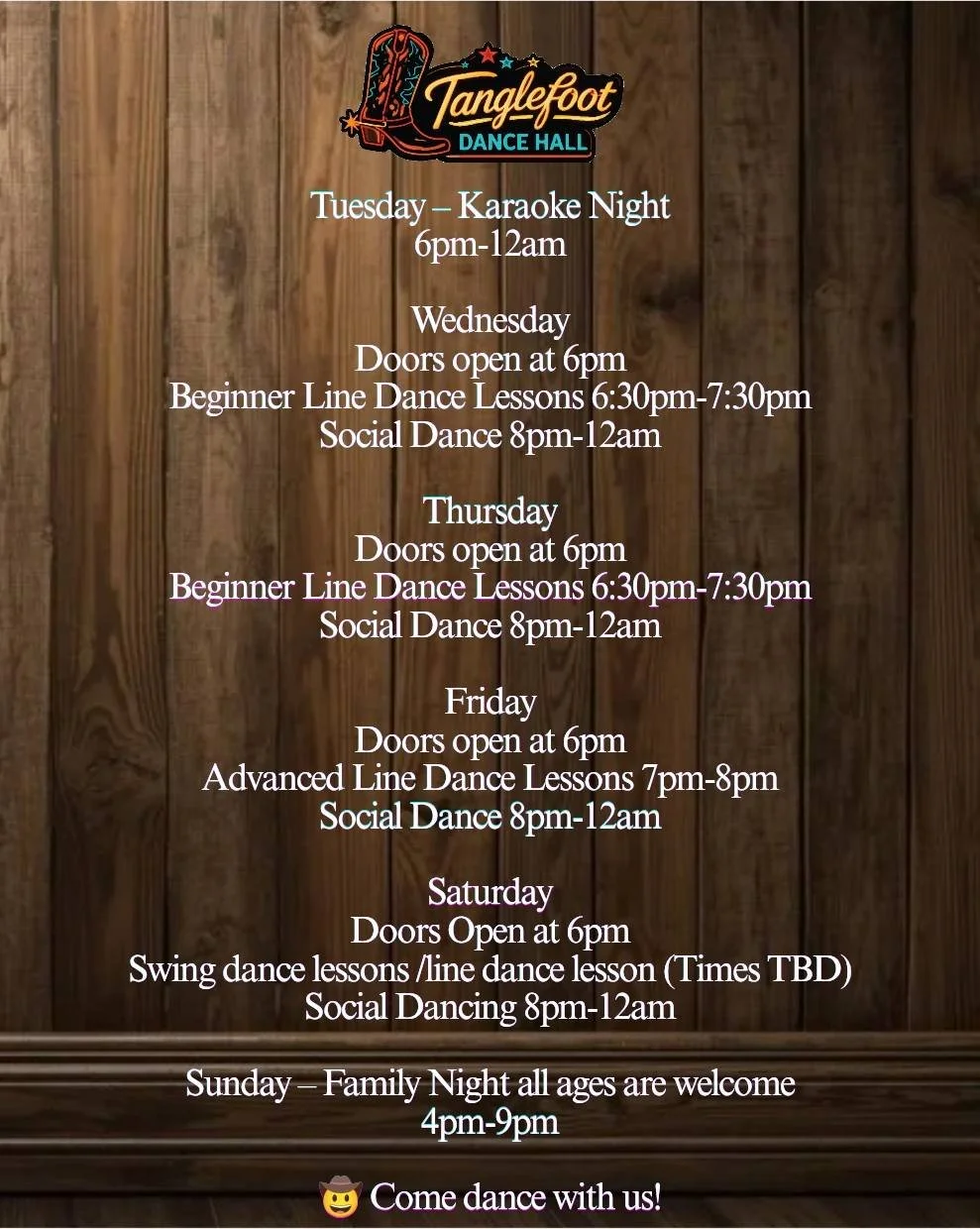 Schedule for Tanglefoot Dance Hall featuring weekly dance nights, beginner and social classes, family night, and a call to dance with a smiling cartoon dancing cat.