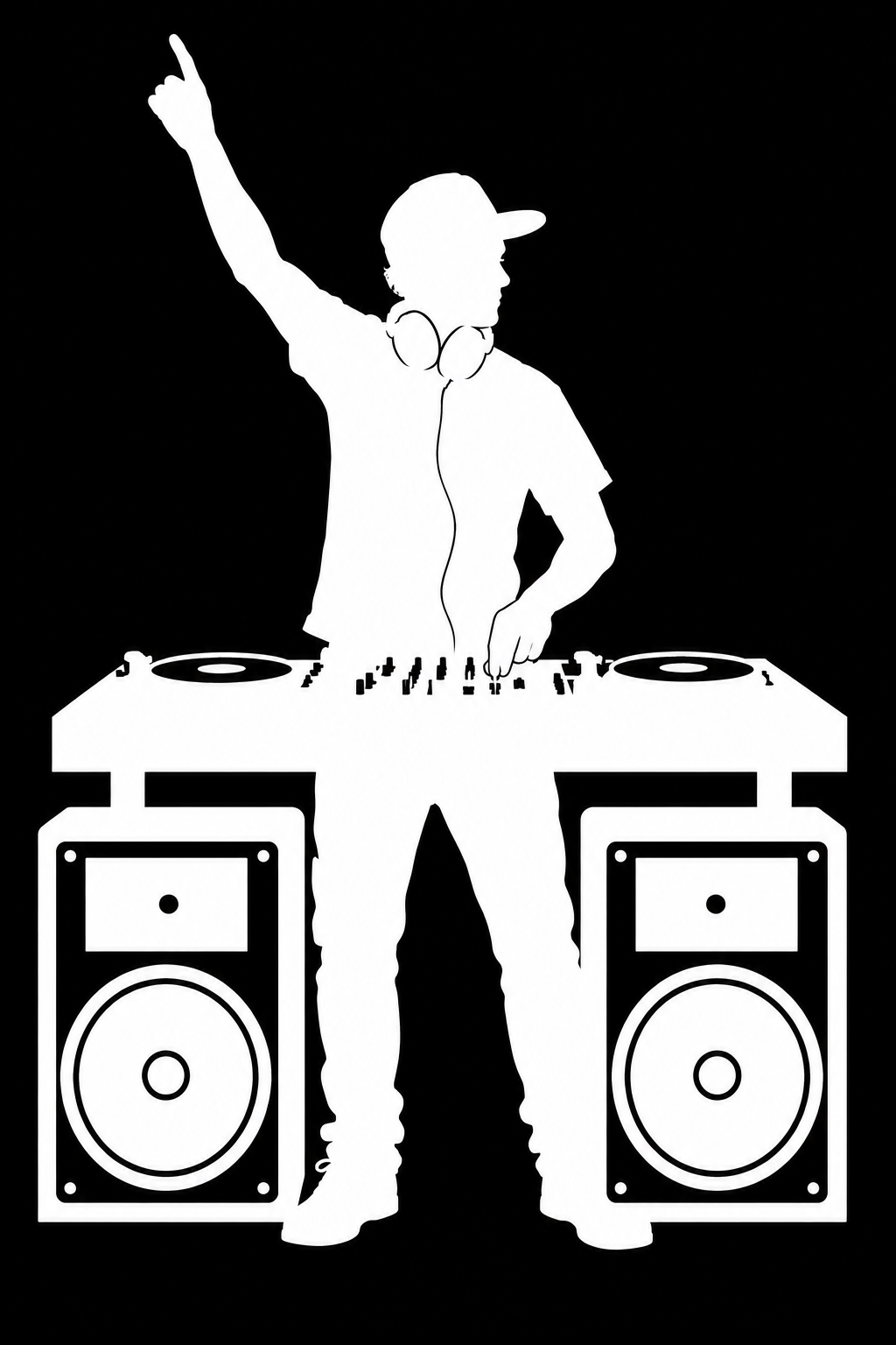 Silhouette of a DJ wearing headphones, with one arm raised, standing behind a turntable setup, on a black background.