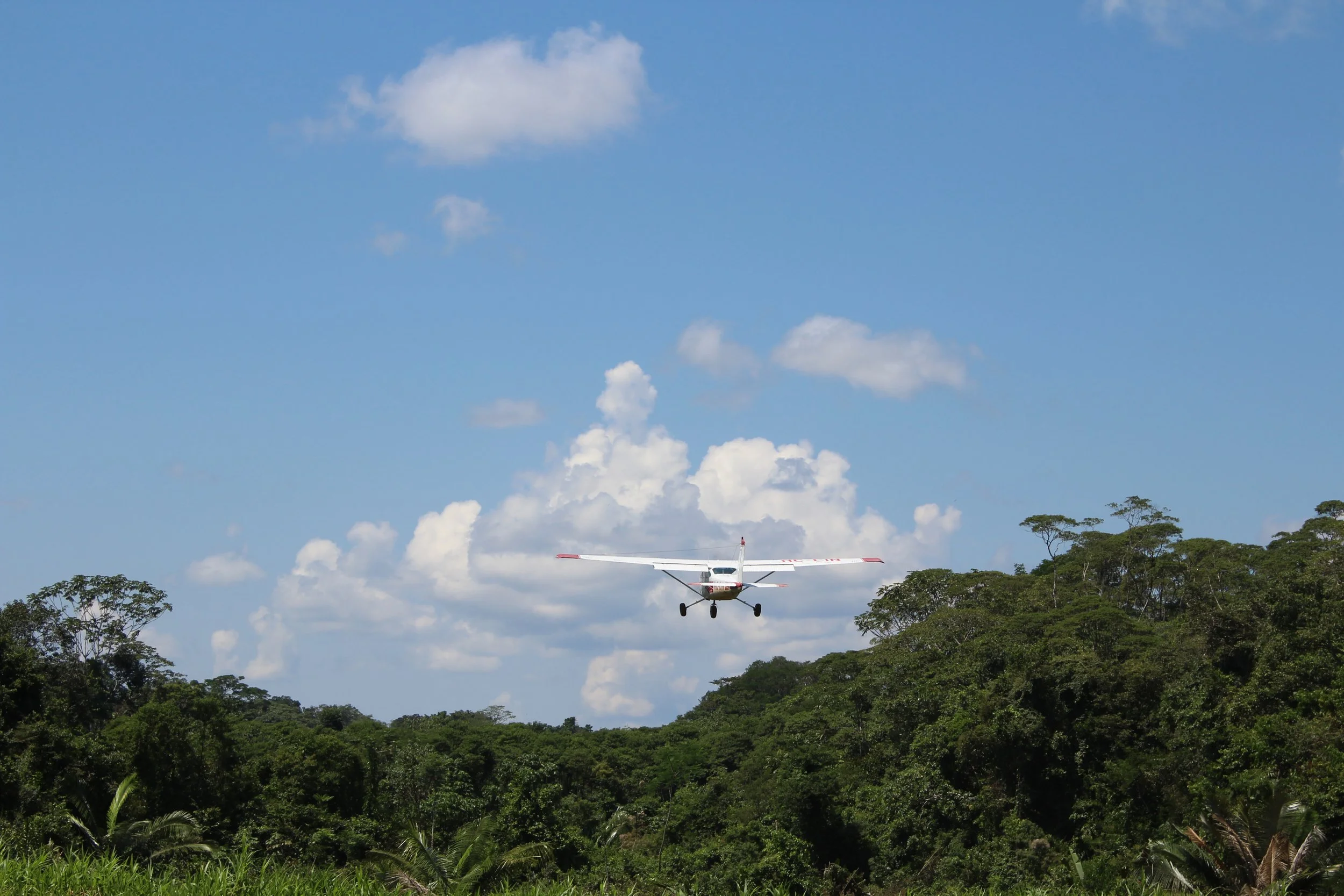 Small white airplane flying over a lush green forest with a partly cloudy blue sky.