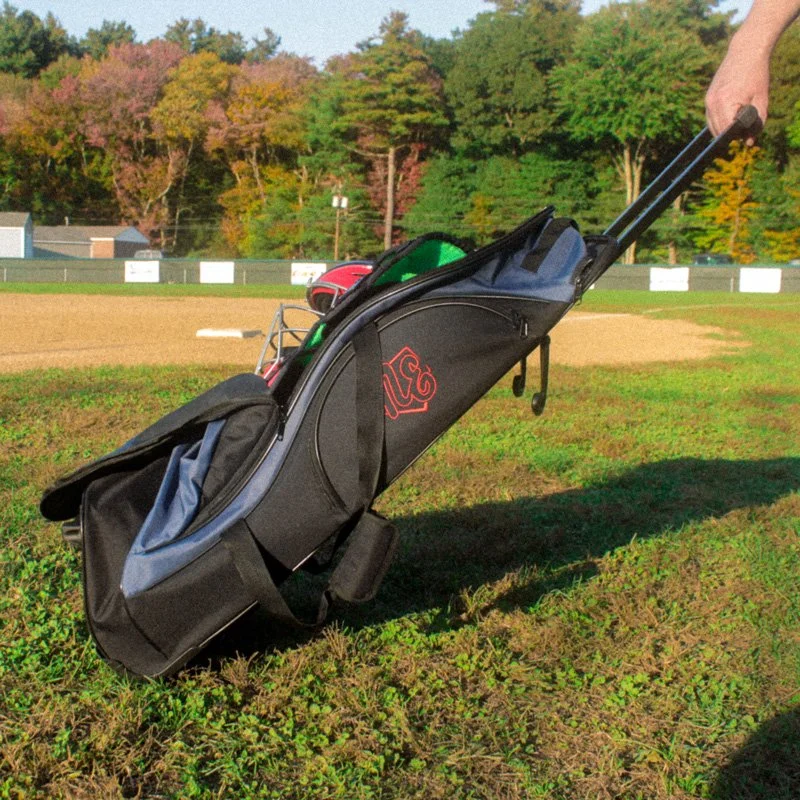 A golf bag filled with golf clubs is standing on a green golf course, with trees and a fence in the background.