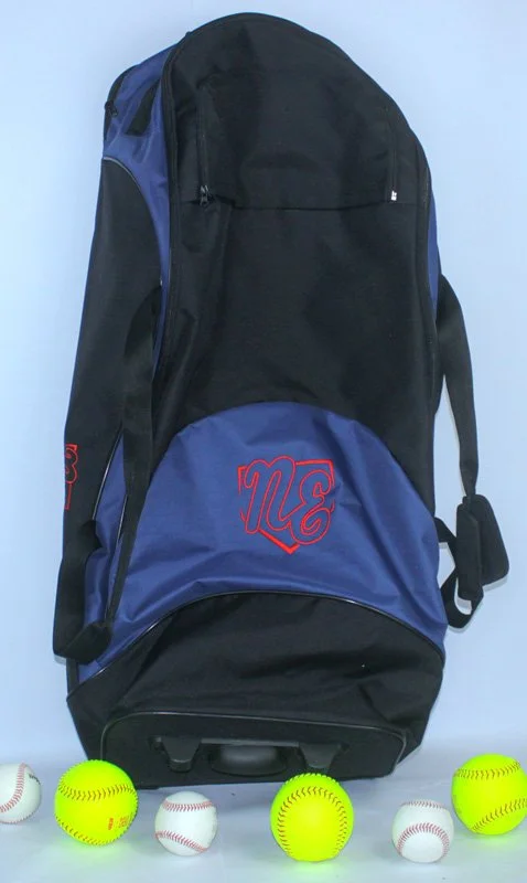 A black and blue baseball backpack with a red embroidered logo, surrounded by yellow and white softballs and baseballs, against a light blue background.