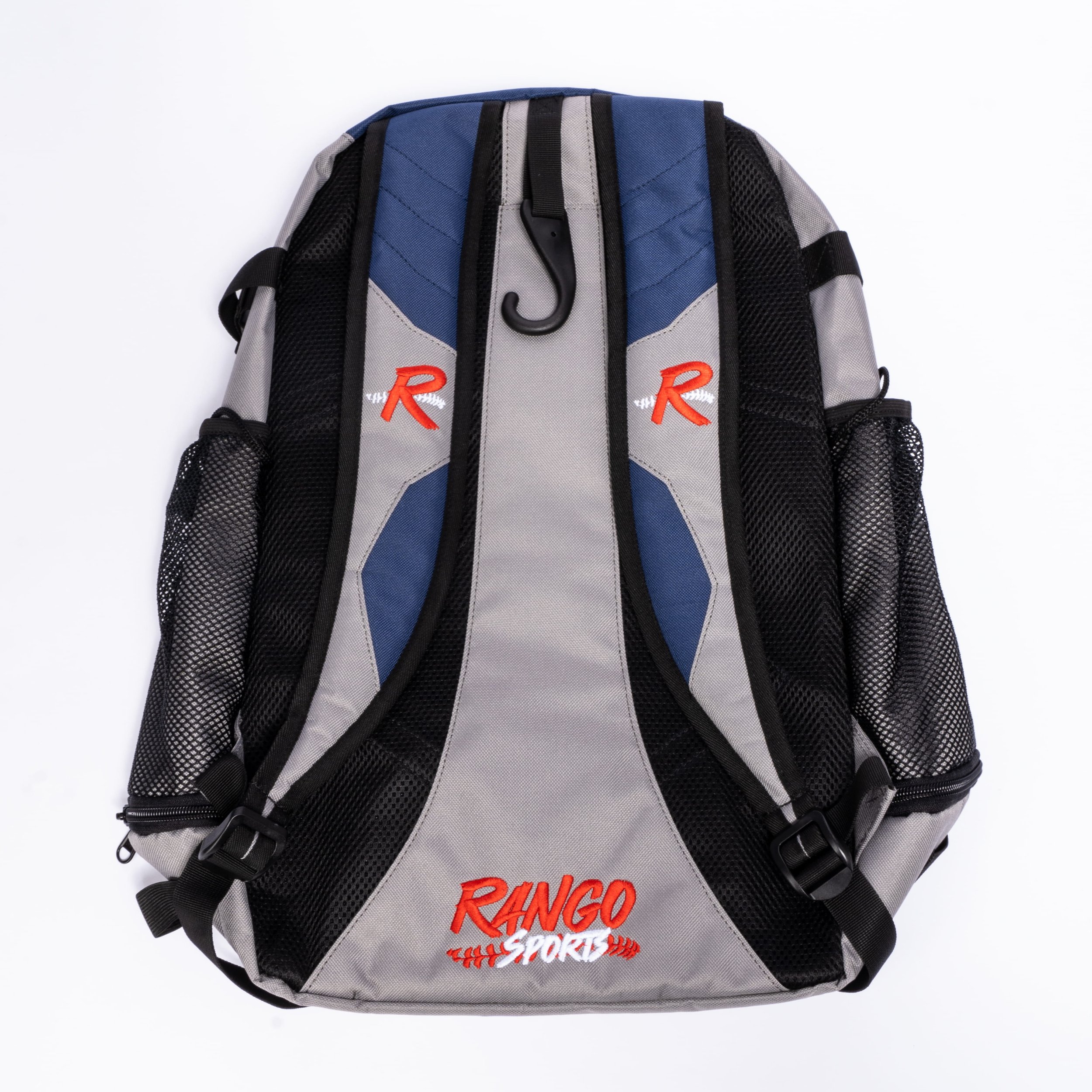 A backpack with black, grey, and blue sections, featuring orange embroidered text that reads 'RANGO' and white text that says 'Sports,' with a black hook hanging from the top.