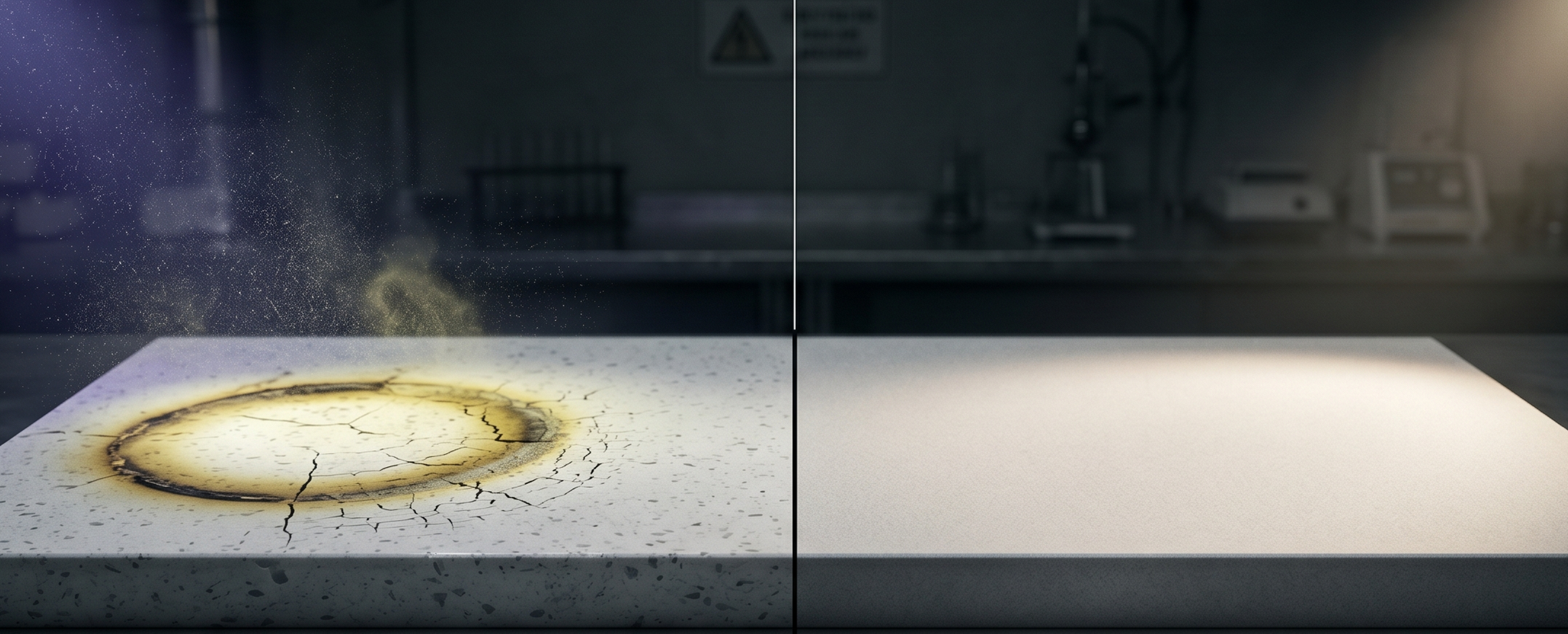 Left side of the table has a burn mark with a cracked, charred appearance and sparks, right side of the table is clean and untouched.