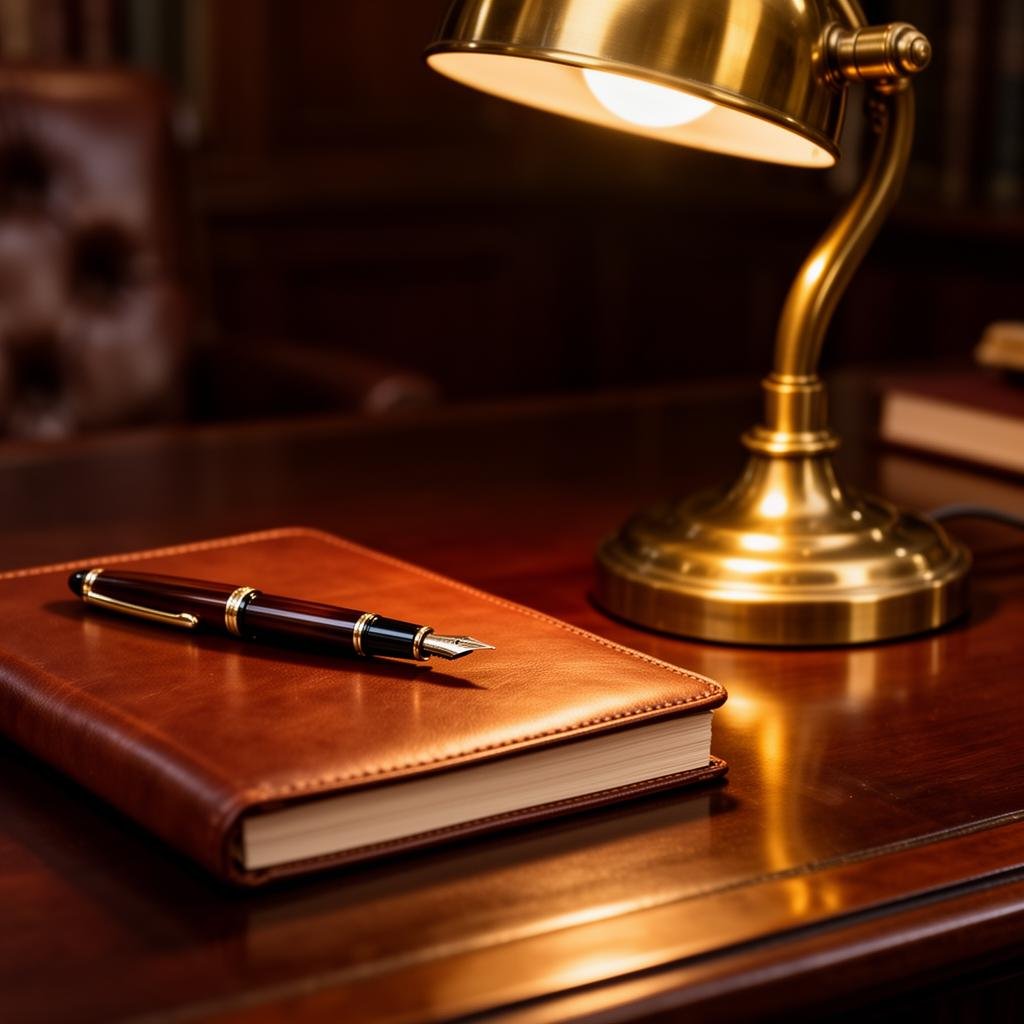 A leather-bound notebook with a fountain pen resting on top, placed on a polished wooden desk next to a brass desk lamp with warm lighting.