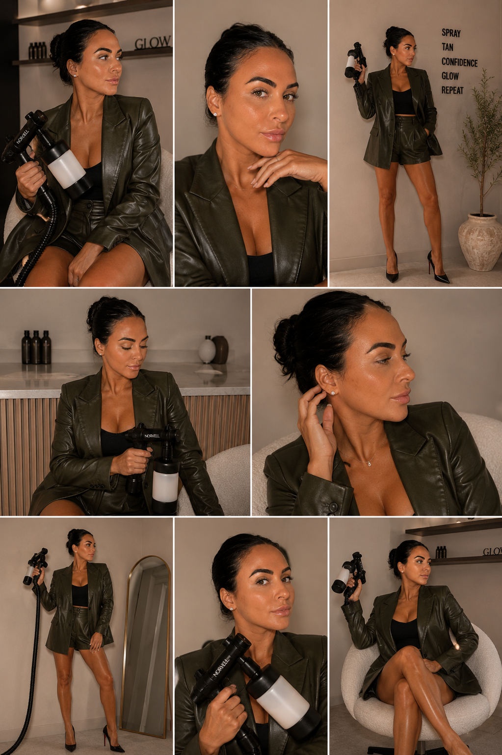 A woman with dark hair tied in a bun, wearing a black top, leather jacket, and leather shorts, posing with a massage gun in various indoor settings, including sitting on a chair, standing against a wall, and holding a massage gun.