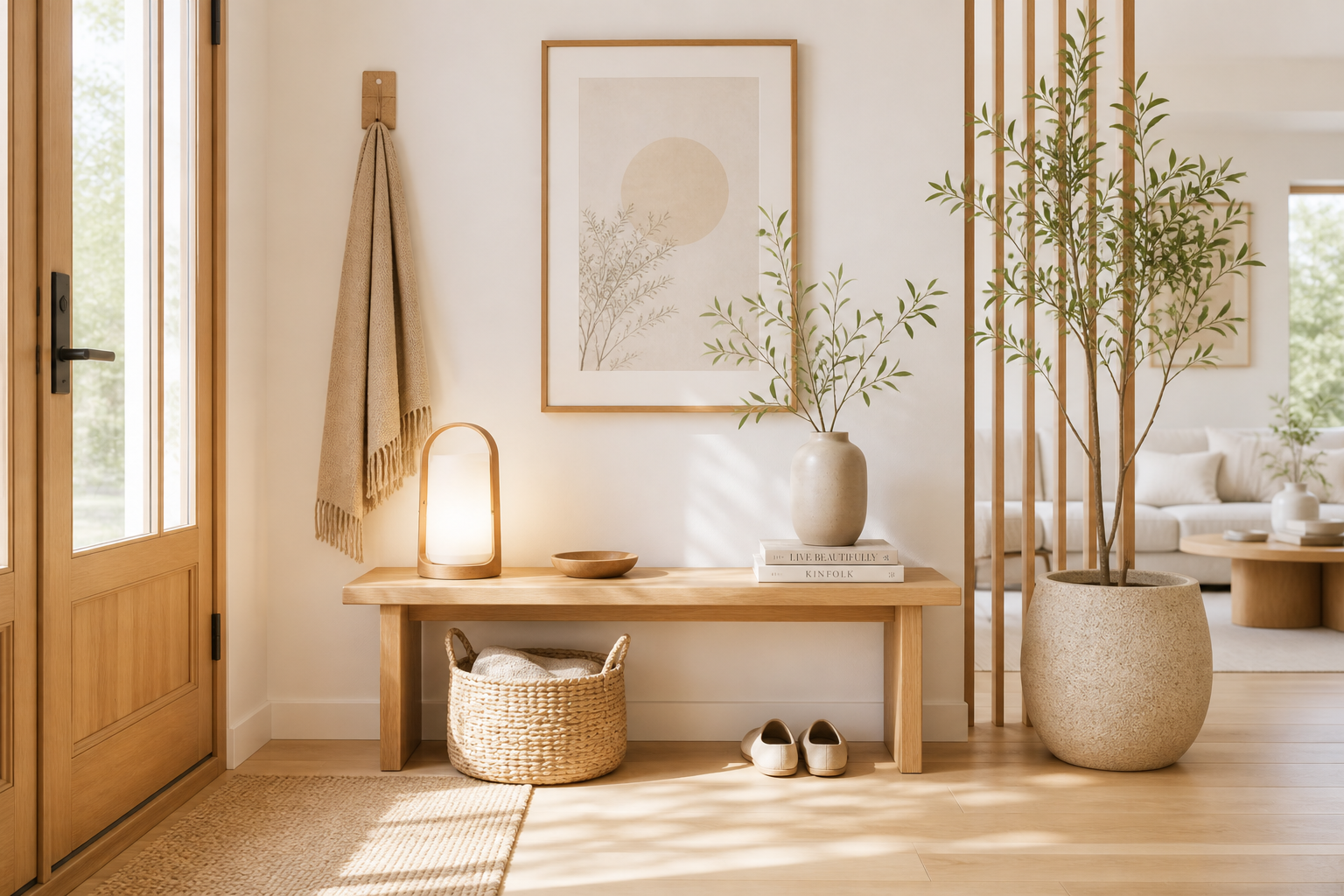A minimalist entryway with a wooden bench and warm lamp styled for a quick weekend refresh.