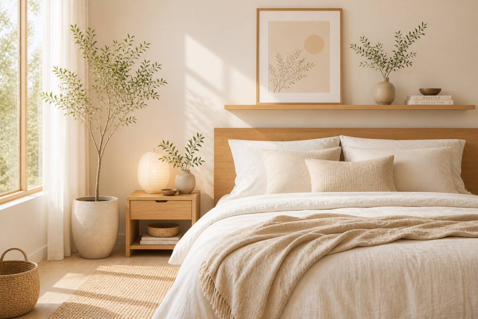 Calm neutral bedroom with soft morning light.