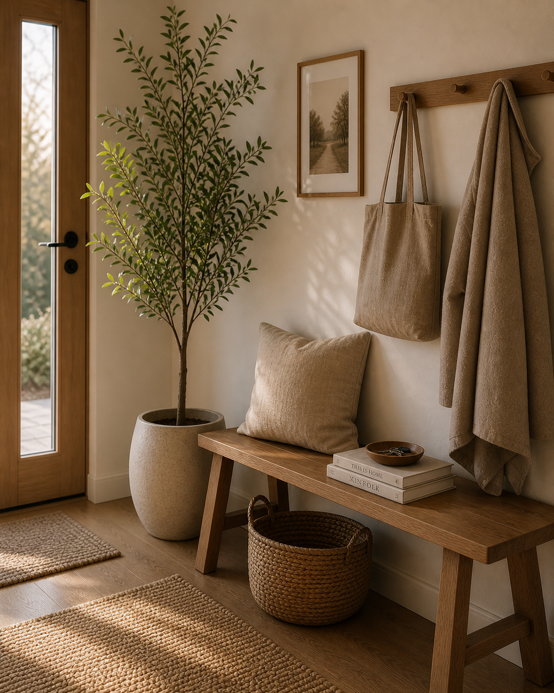 A minimalist entryway with a tall indoor plant, wooden bench, and soft natural light.