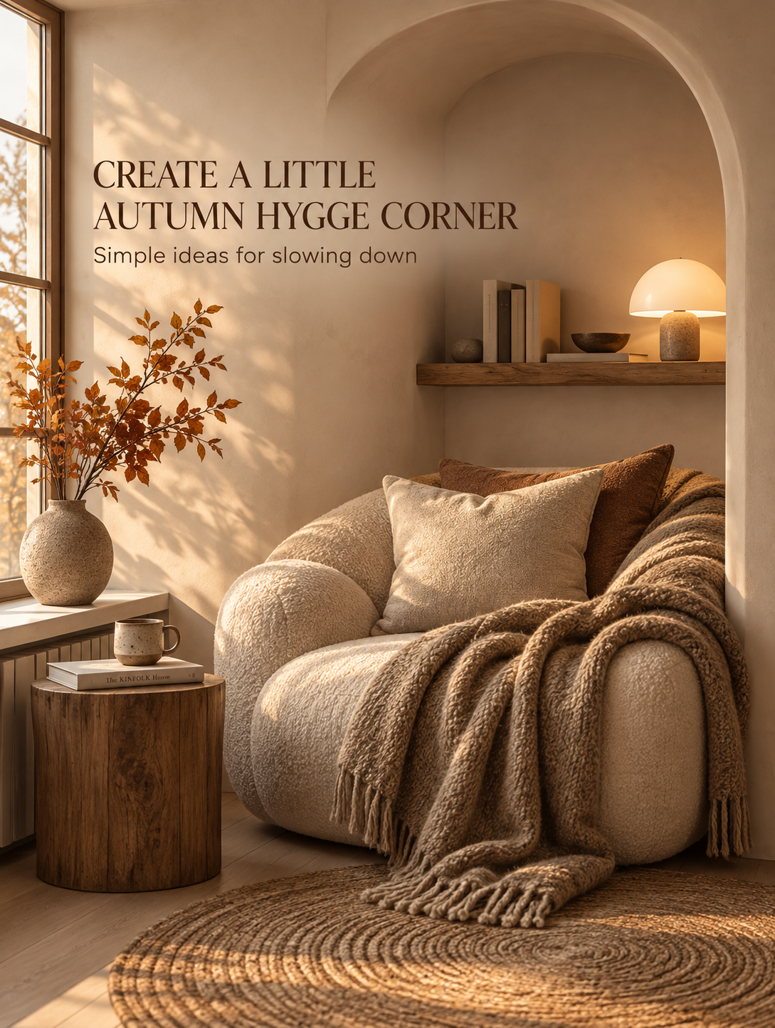 A cosy autumn reading corner with a textured armchair, warm throw, ceramic mug, books, and soft lighting.