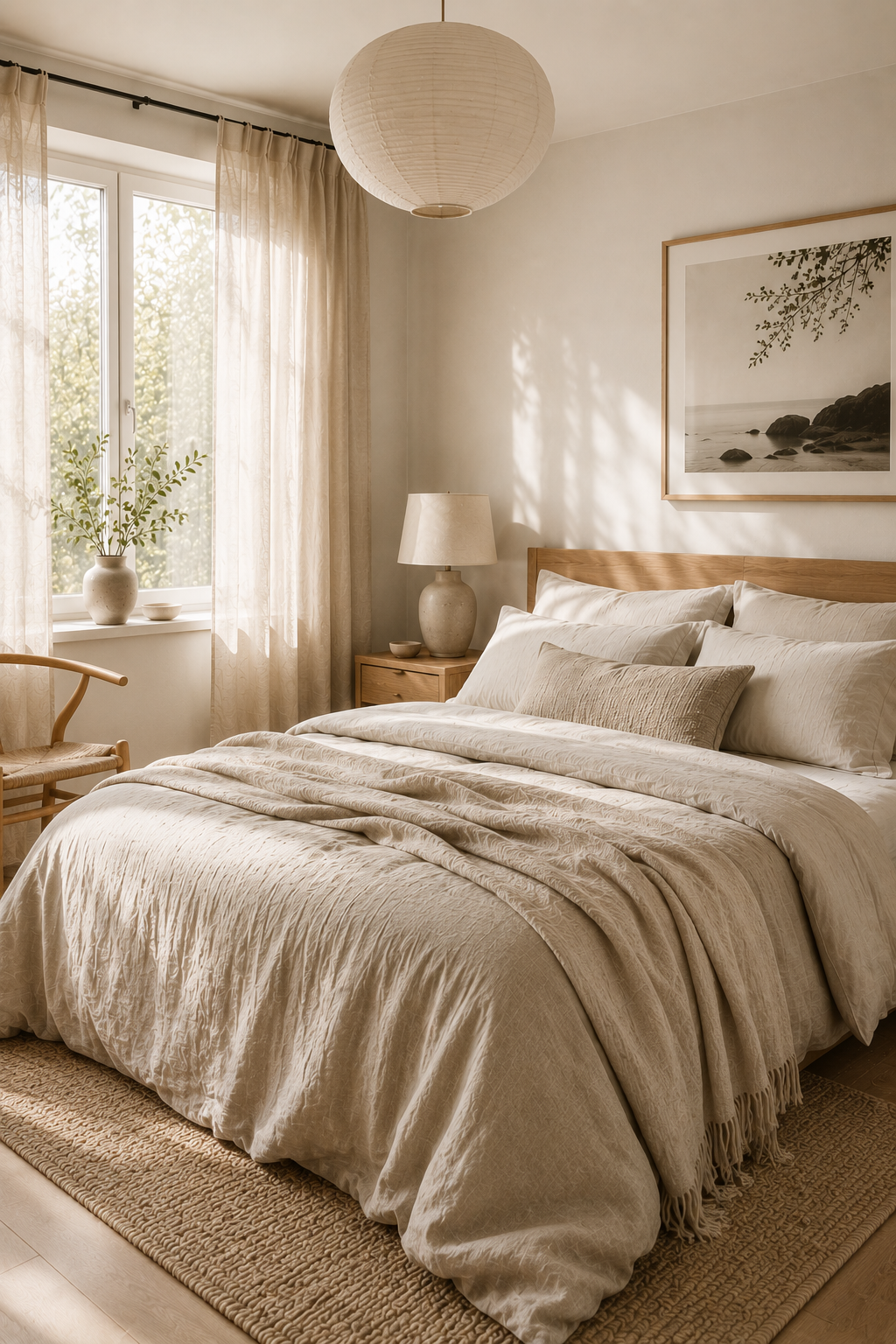 Neutral summer bedroom with linen bedding, warm natural light and minimalist Scandinavian décor.