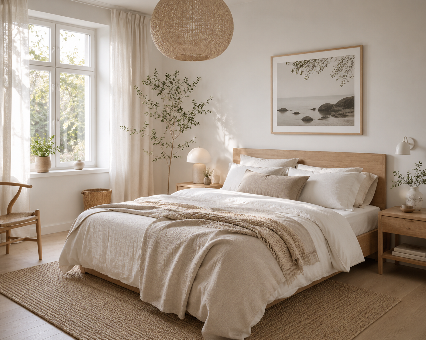 Calm neutral summer bedroom styled with soft linens, warm lighting and minimalist Scandinavian décor.