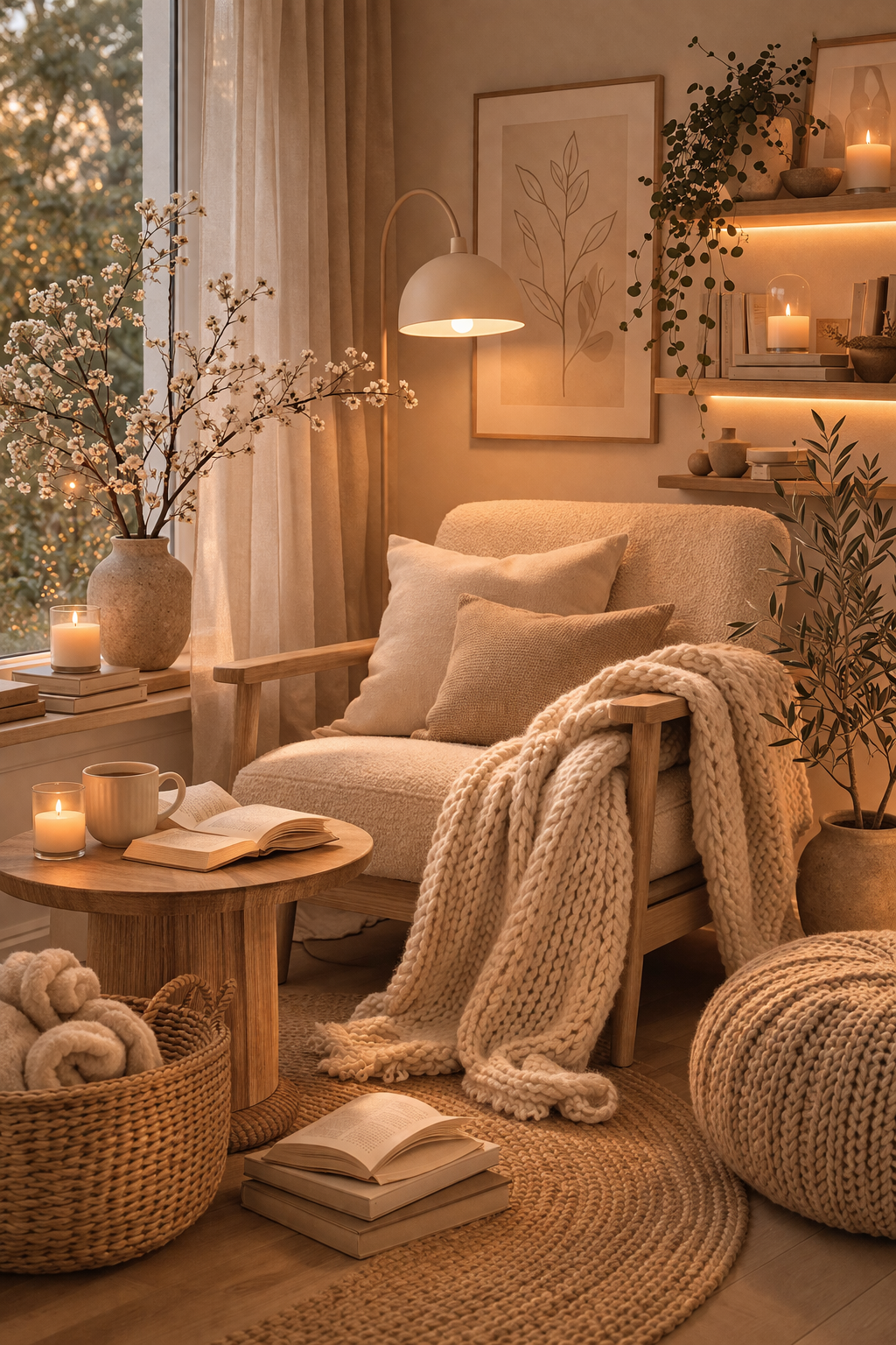 Soft, hygge reading corner with warm light and neutral decor.