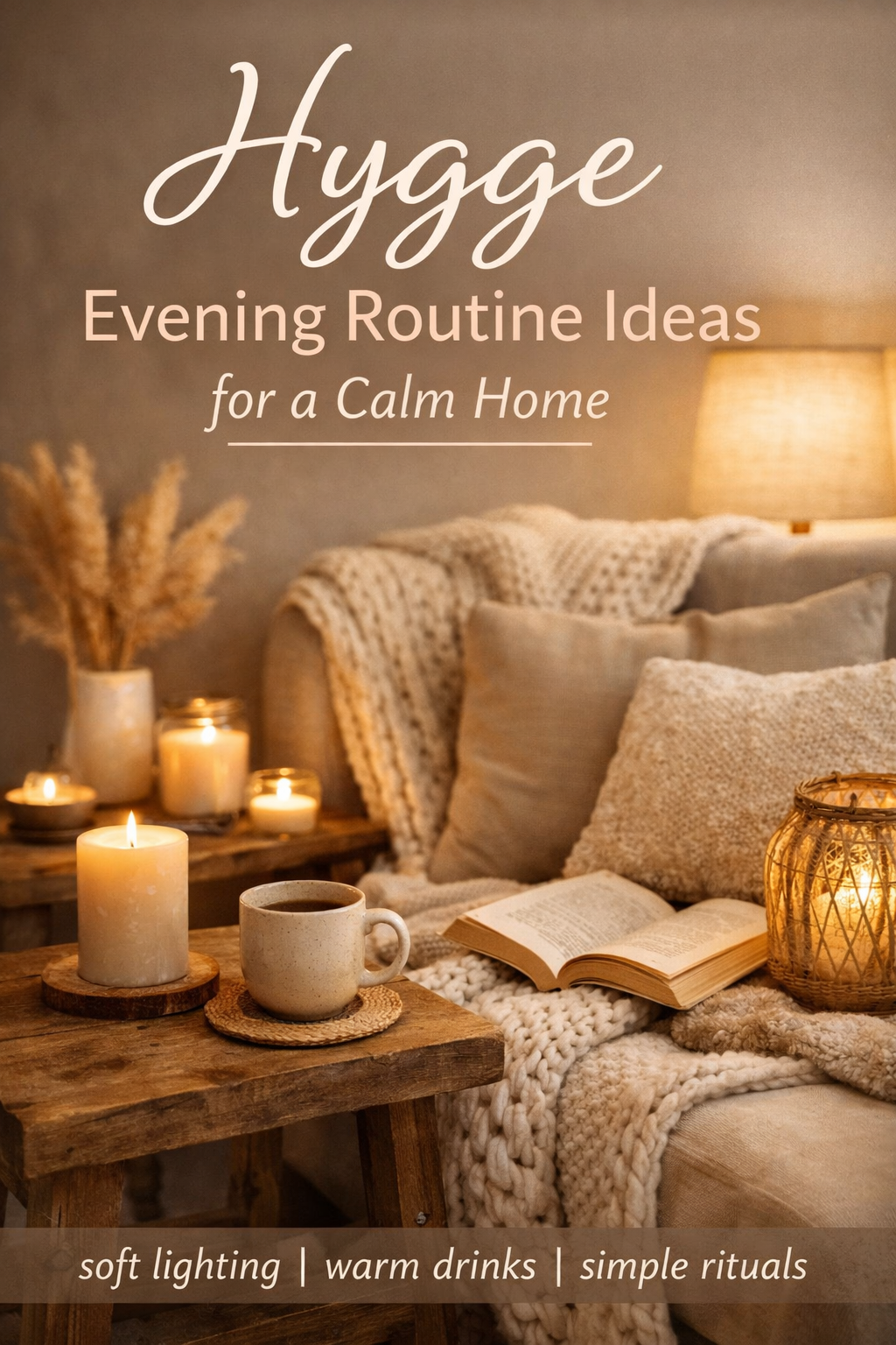 A cozy Hygge-inspired evening setup with soft, warm lighting, a lit candle, a ceramic mug, and a chunky knit blanket draped over a neutral armchair. Natural textures, warm wood, and soft beige tones create a calm, inviting atmosphere.