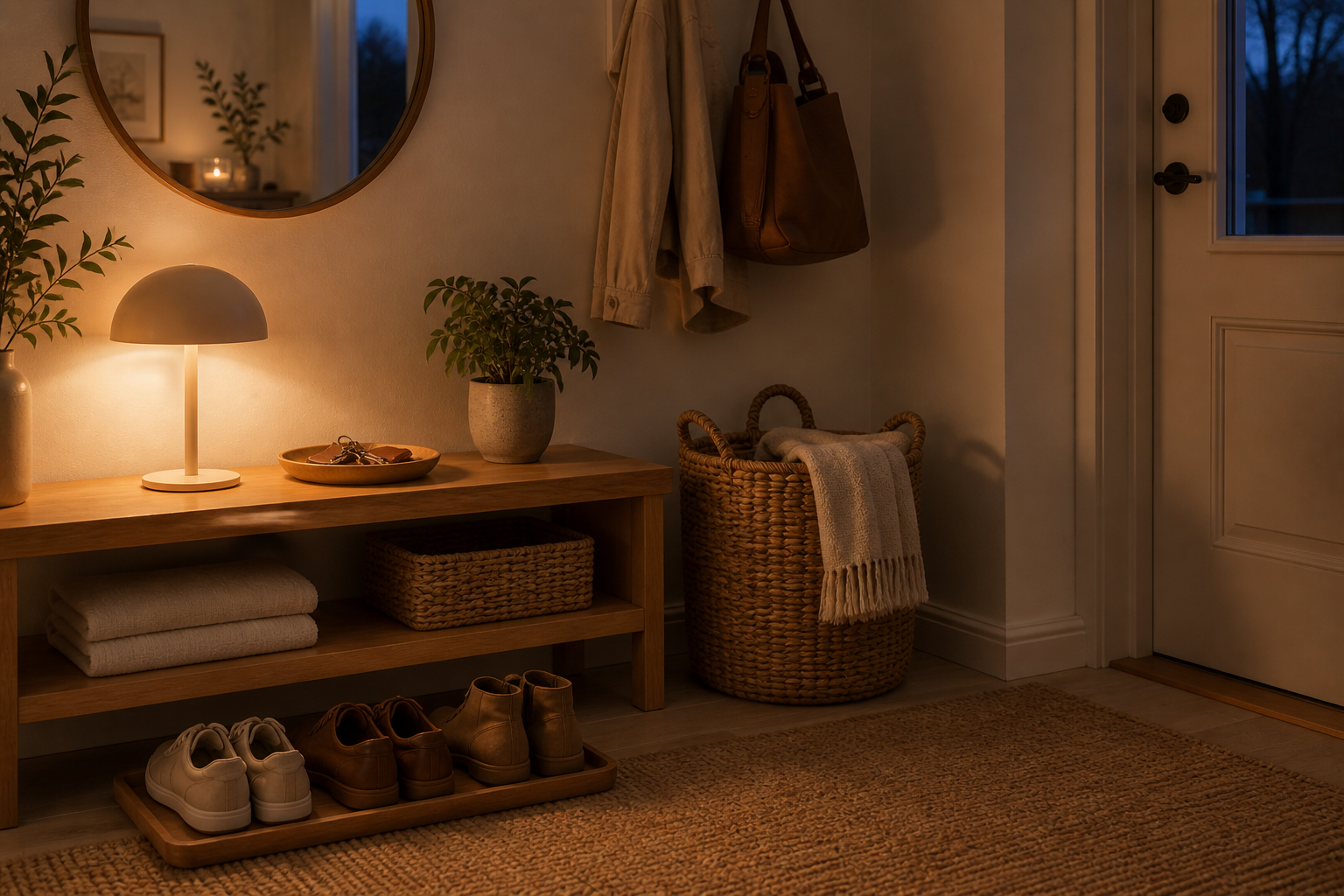 A tidy Scandinavian entryway with a warm lamp and woven basket in soft evening light.