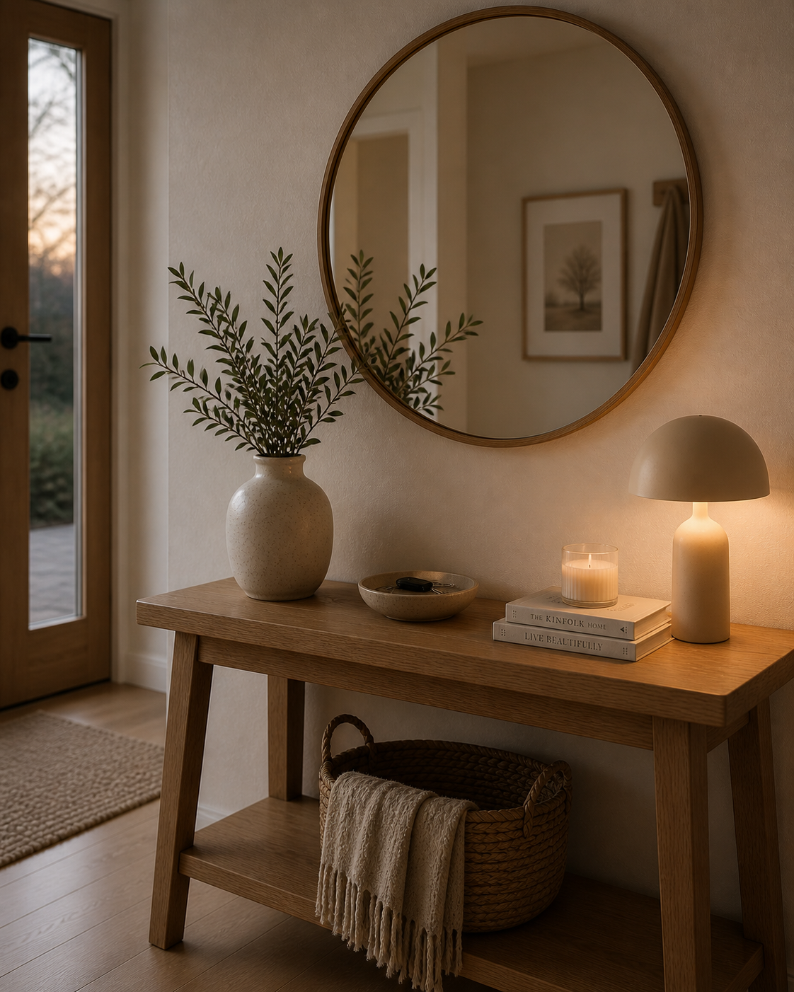 Scandinavian mirror above a wooden console with simple, neutral styling.