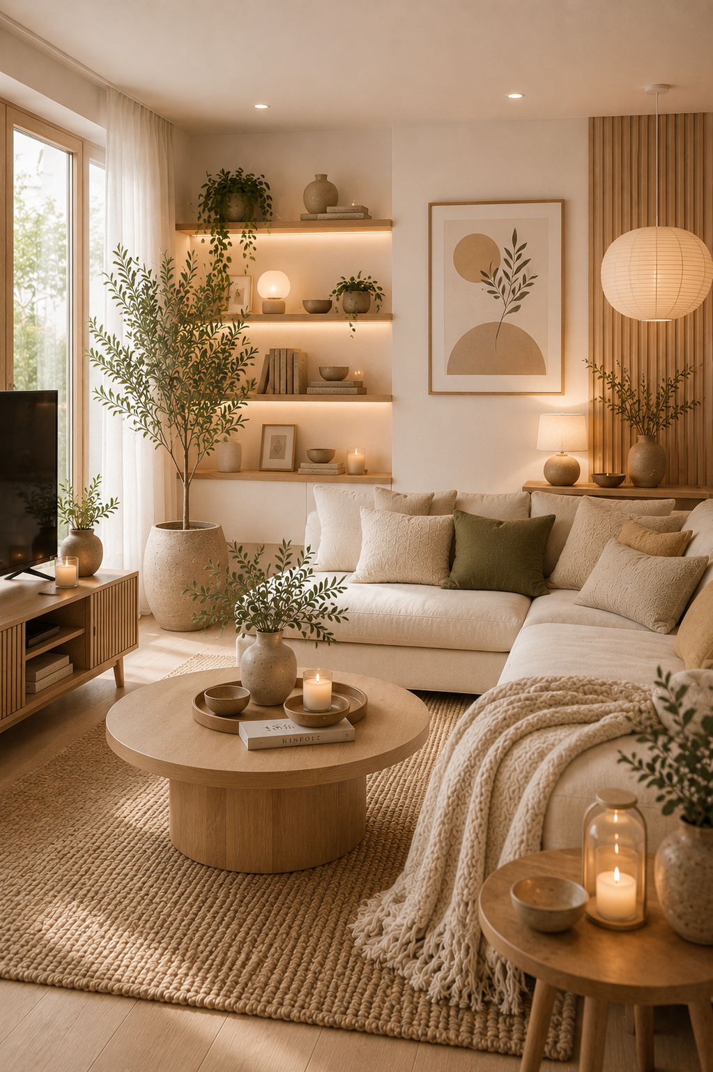 Soft neutral Scandinavian living room with beige walls and natural light